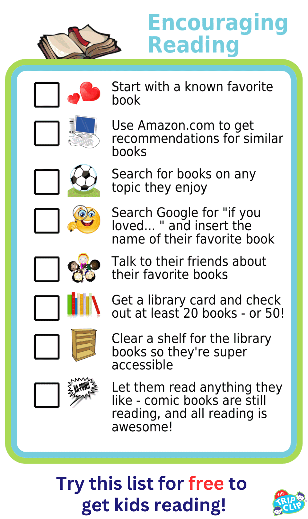 Picture checklist of a ideas for finding the right books for kids