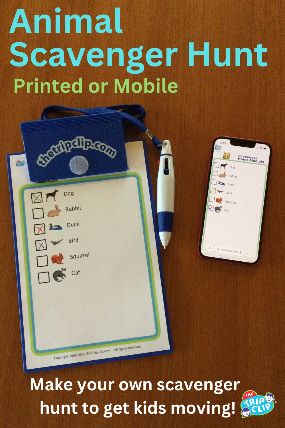 iPhone showing picture checklist with 6 animals kids can find on a neighborhood walk.