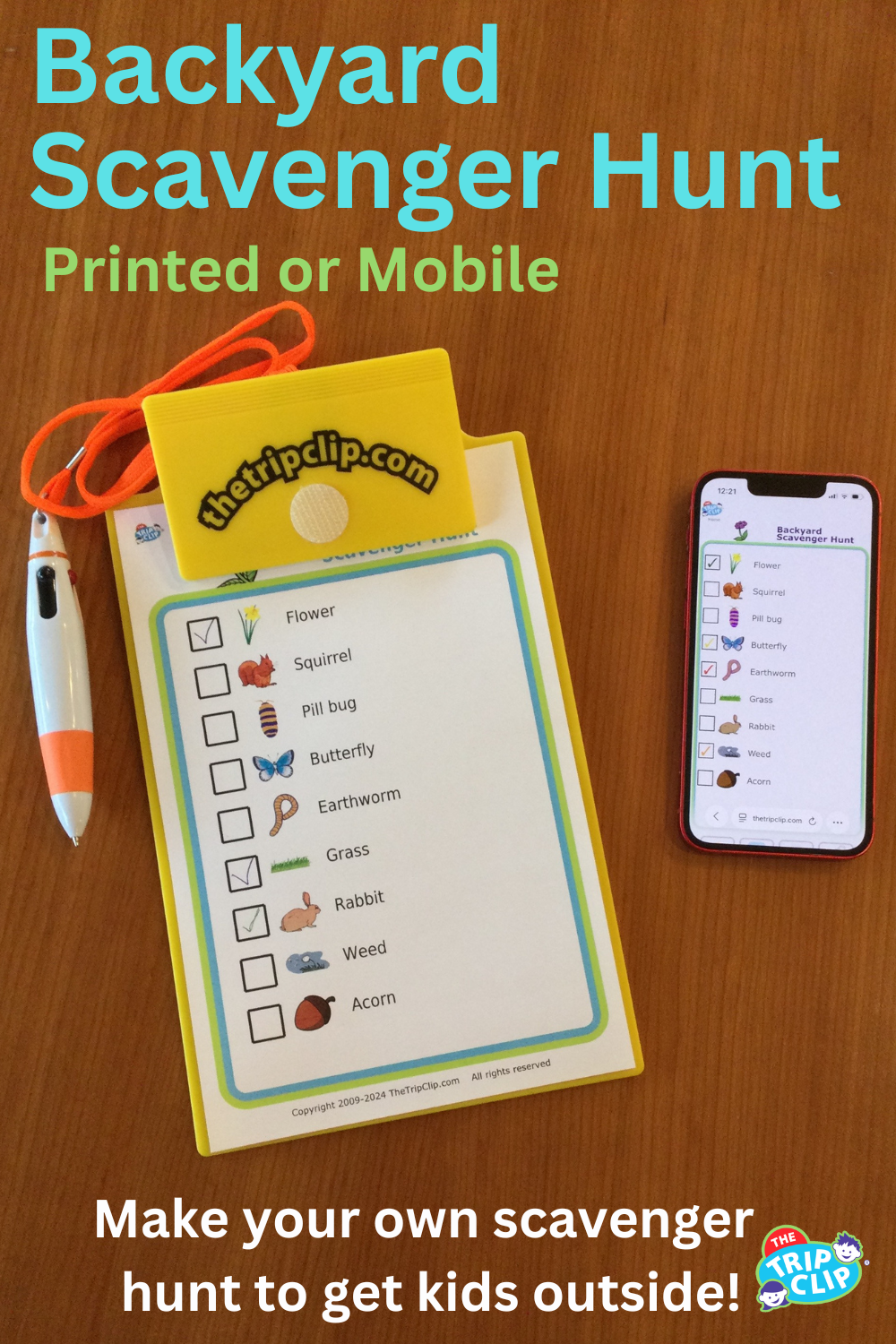 Picture checklist of things for kids to find on a backyard scavenger hunt, shown on clipboard and on phone