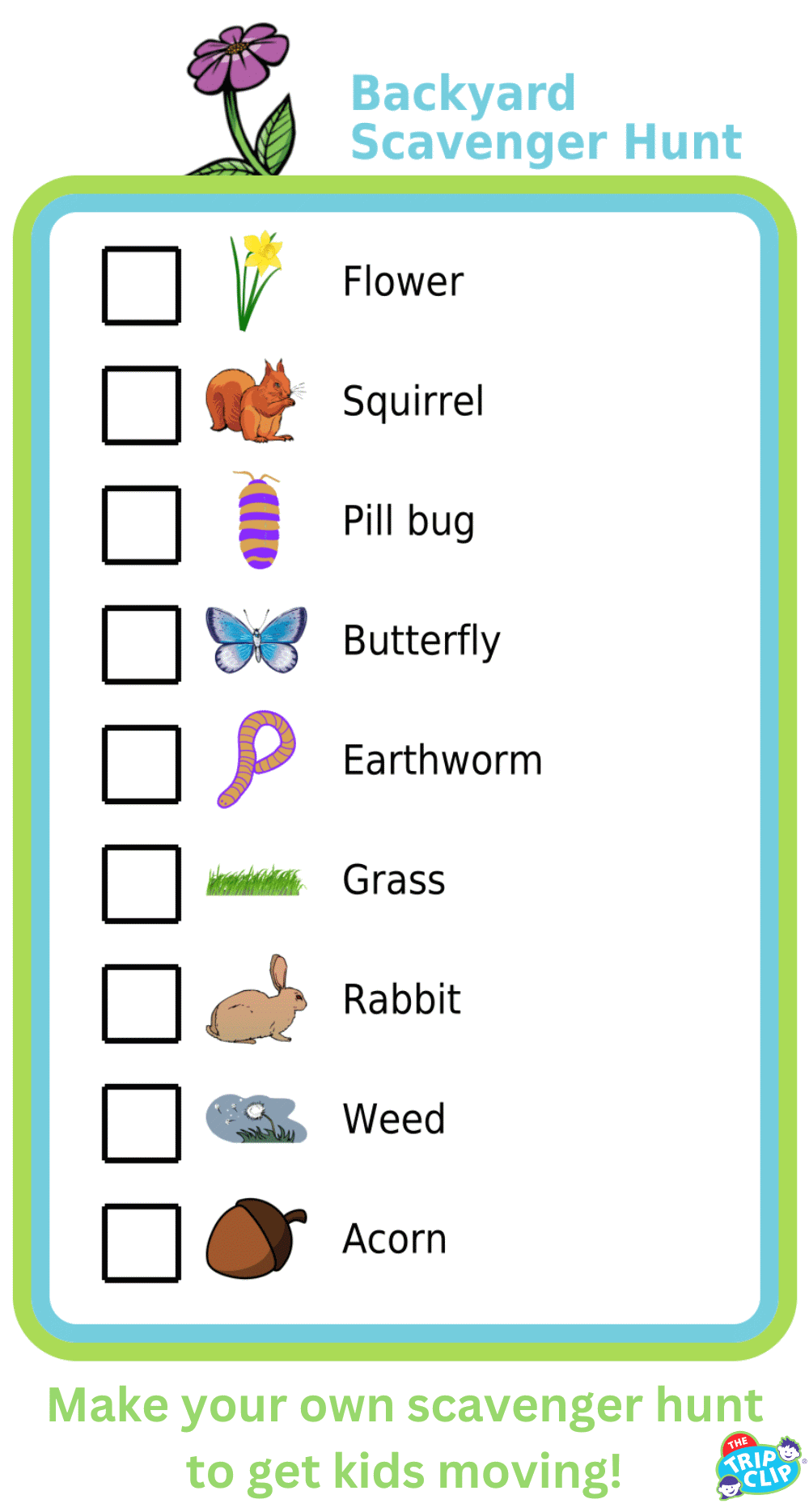 Picture checklists of things for kids to find on backyard scavenger hunt