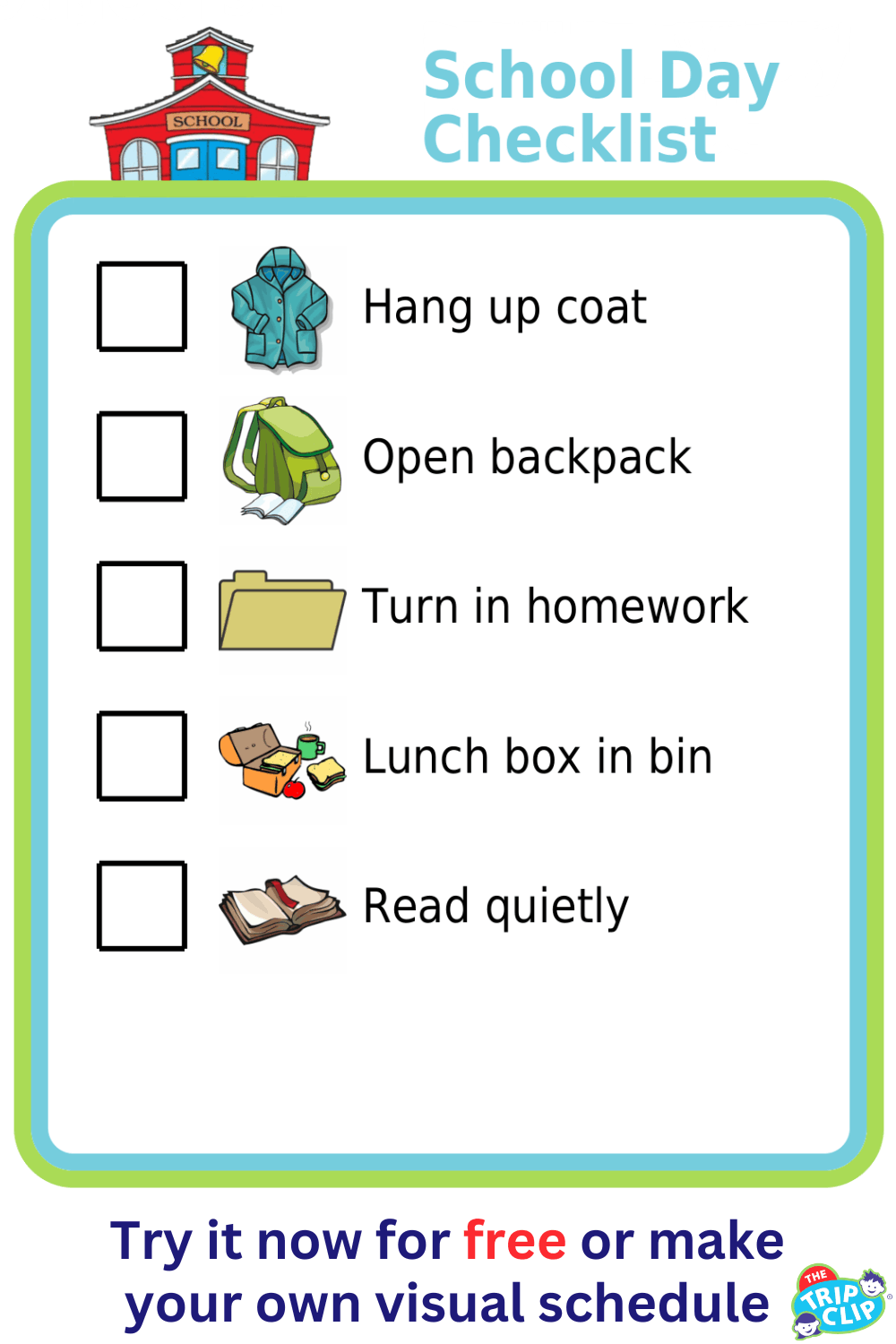Picture checklist of a school day start checklist