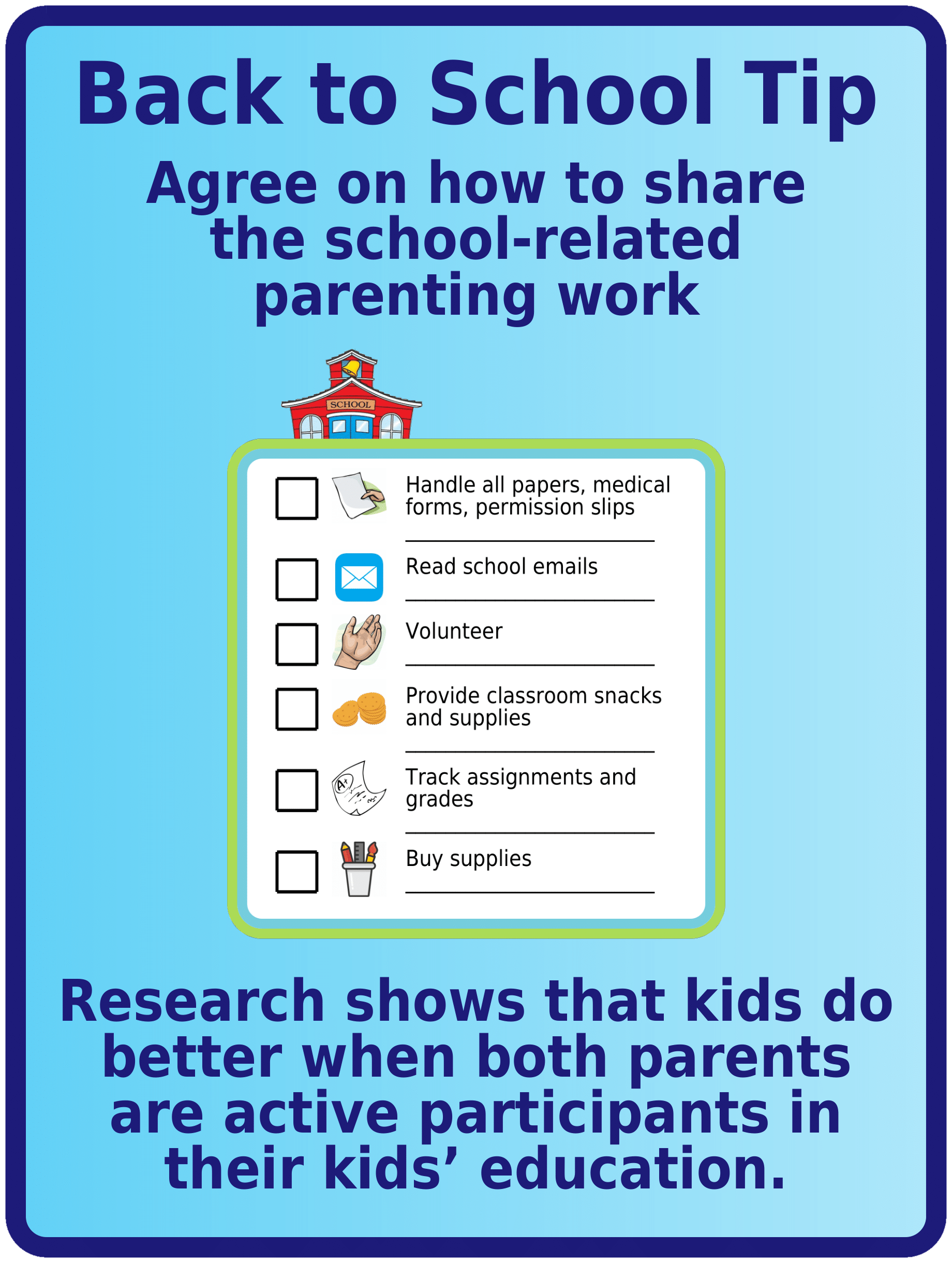 Text with tip for sharing the parenting load equally: shared school paperwork