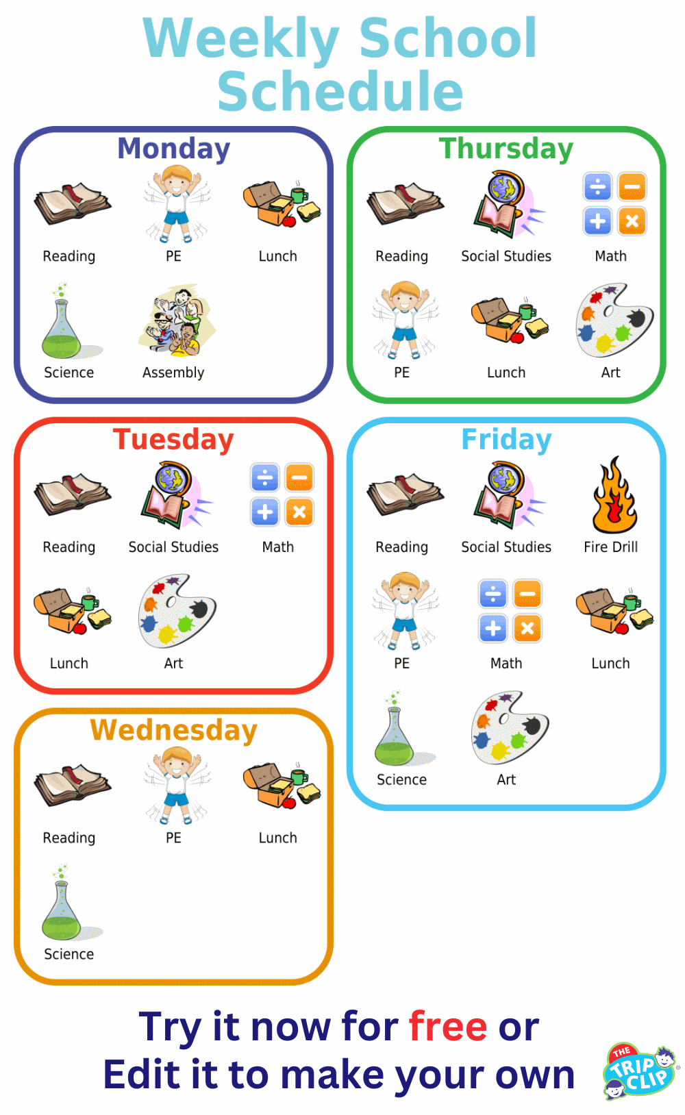 Picture checklist of a weekly school schedule for kids