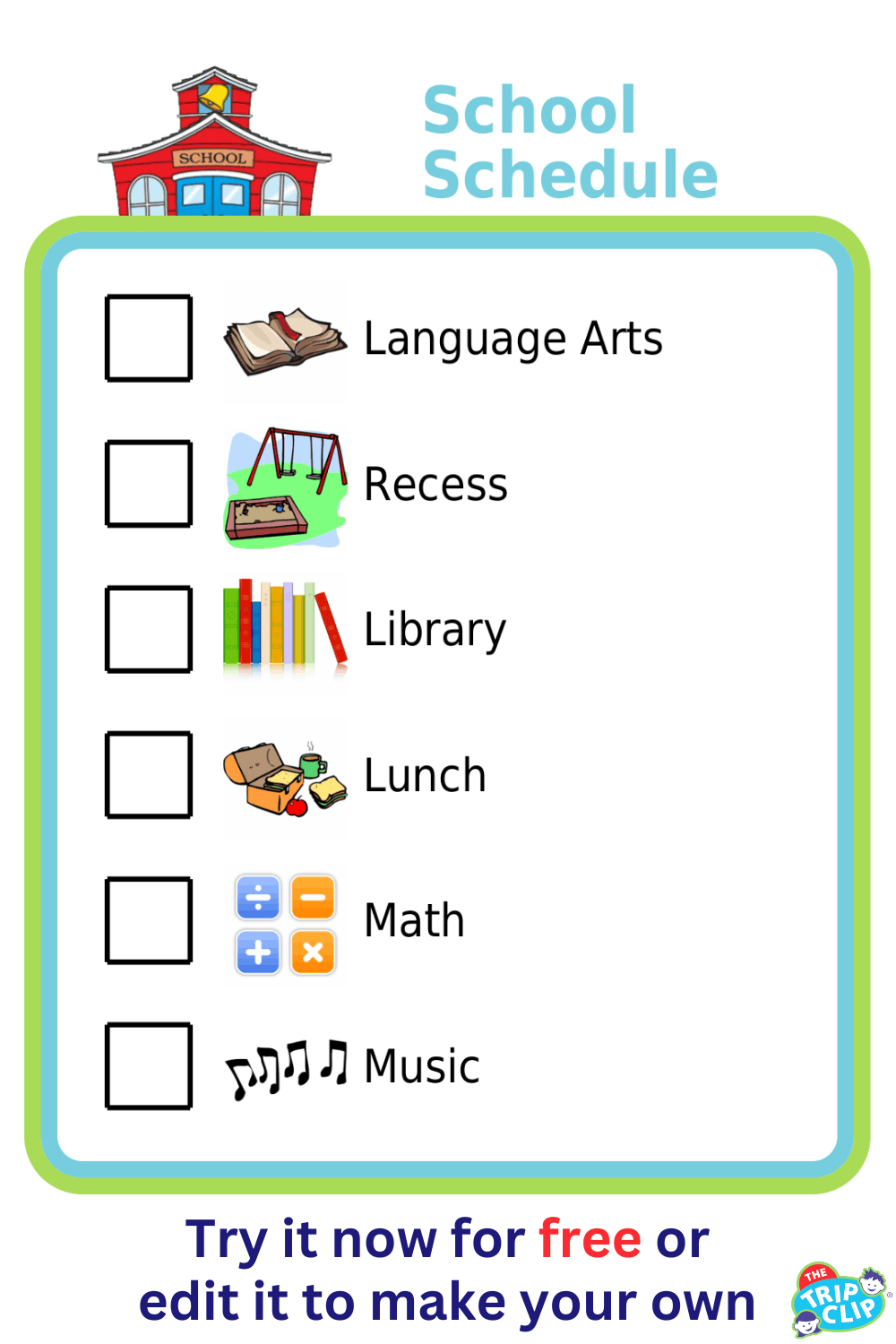 Picture checklist of a school schedule for kids