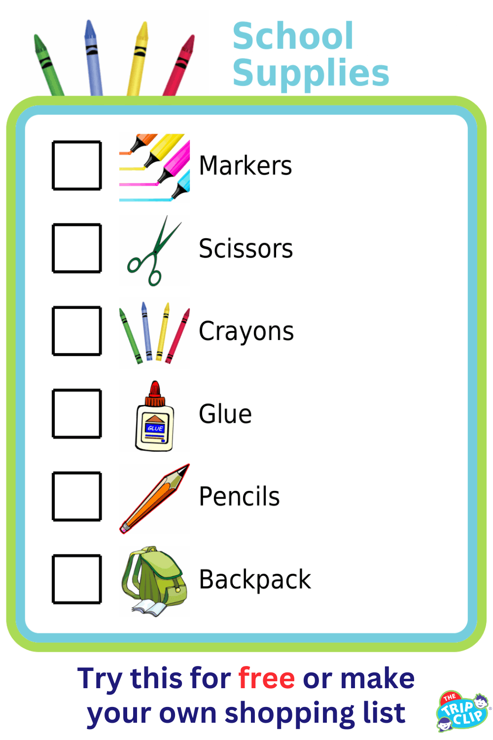 Picture checklist of school supplies; glue, markers, pencils, tisses, hand sanitizer, scissors