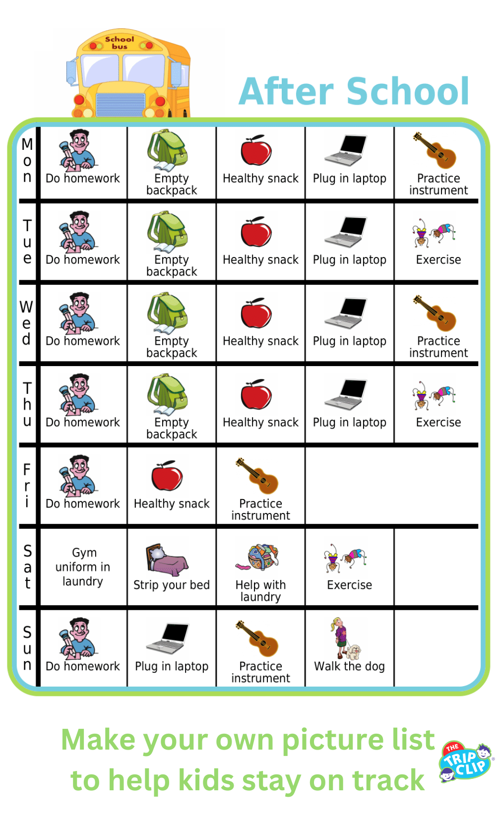 Picture checklist with clipart showing a weekly after school checklist for kids