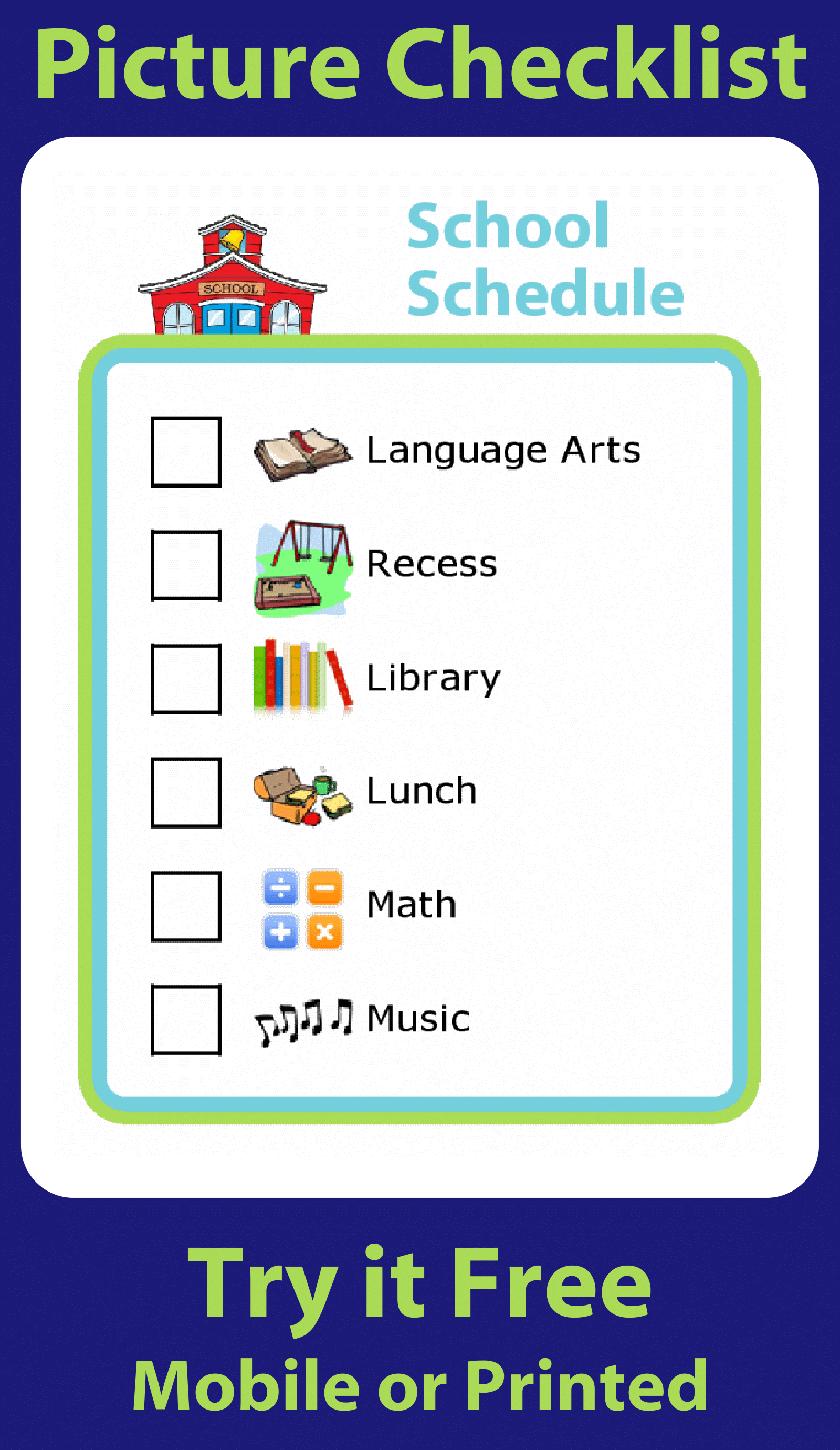 Picture checklist of a school schedule for kids, printed and on phone