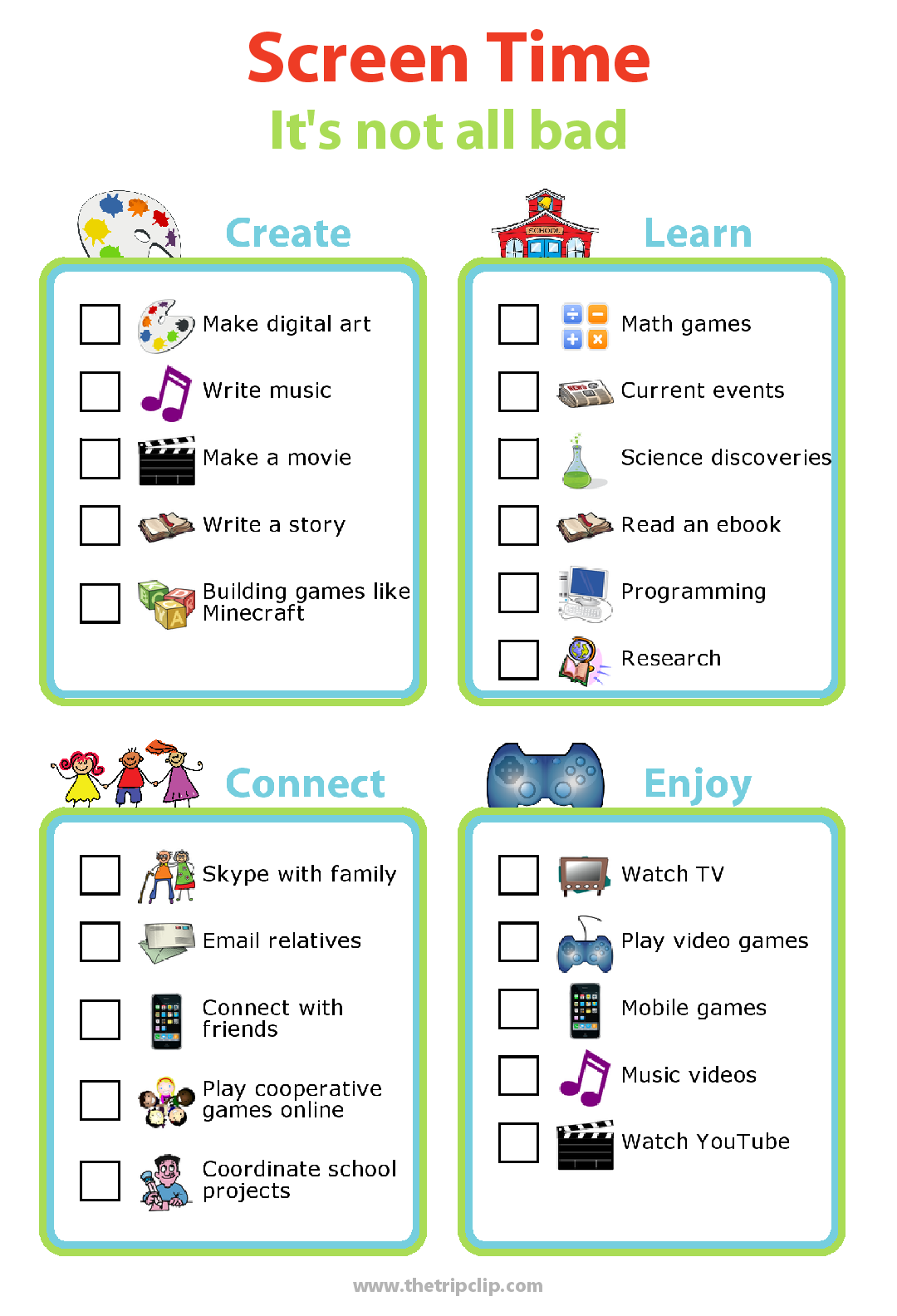 Picture checklists for optimizing screen time. Use screens to create, learn, connect, and entertain.