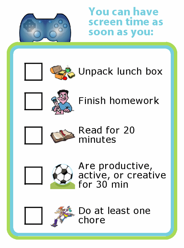 Picture checklist for after school screen time rules for kids