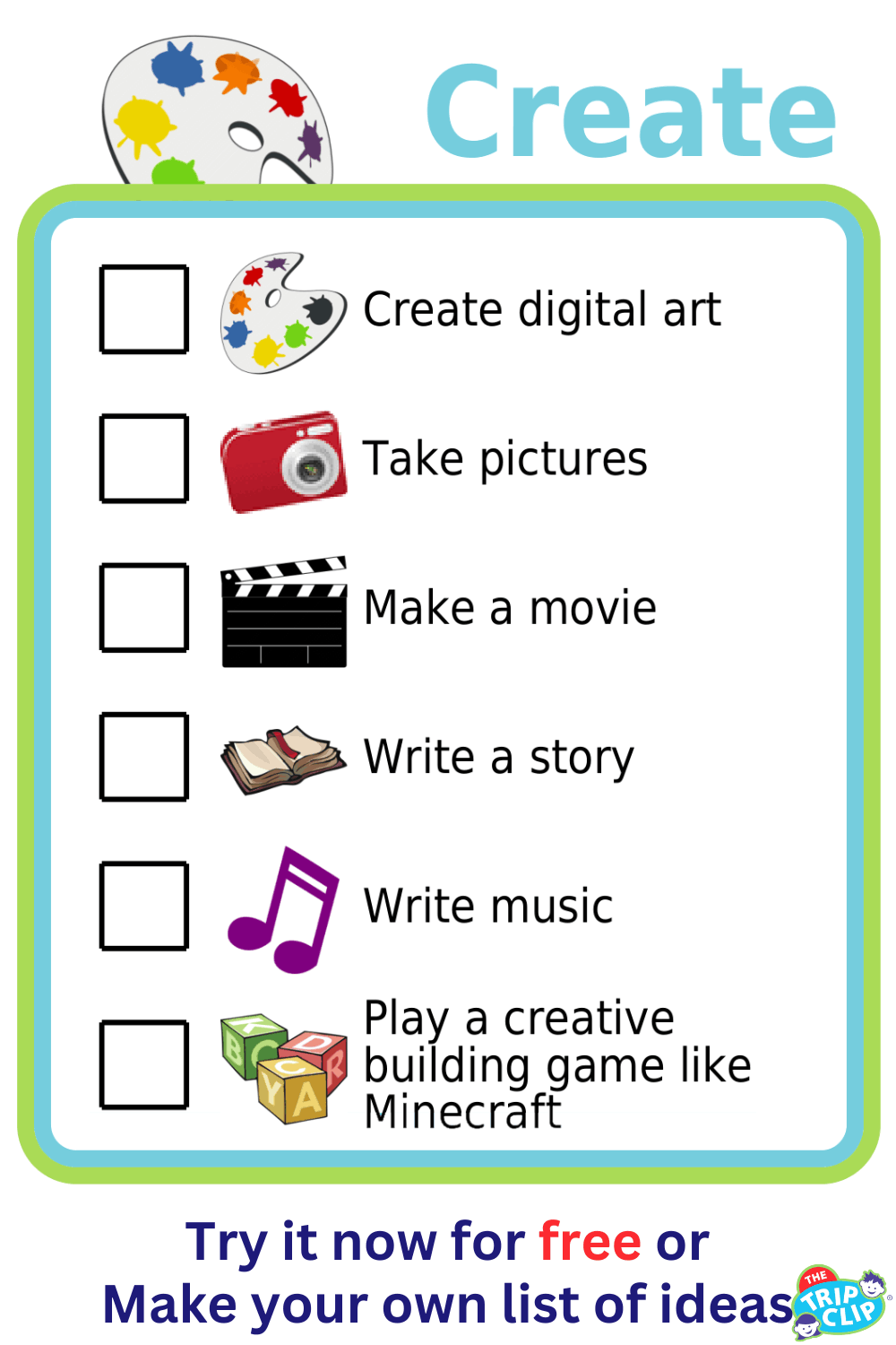 Picture checklist with ideas for using screentime for creativity