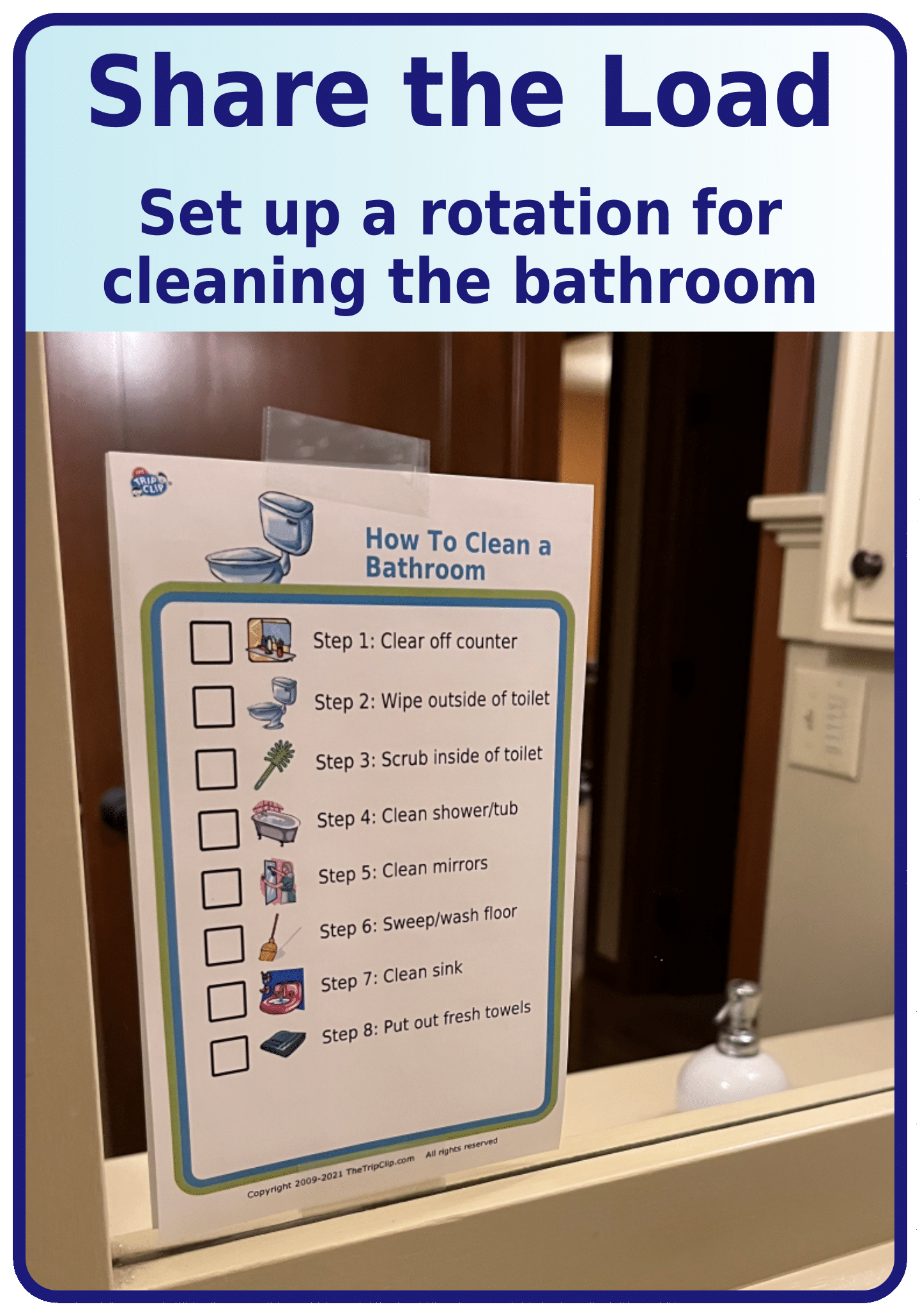 Checklist for 8 steps to clean the bathroom taped to mirror