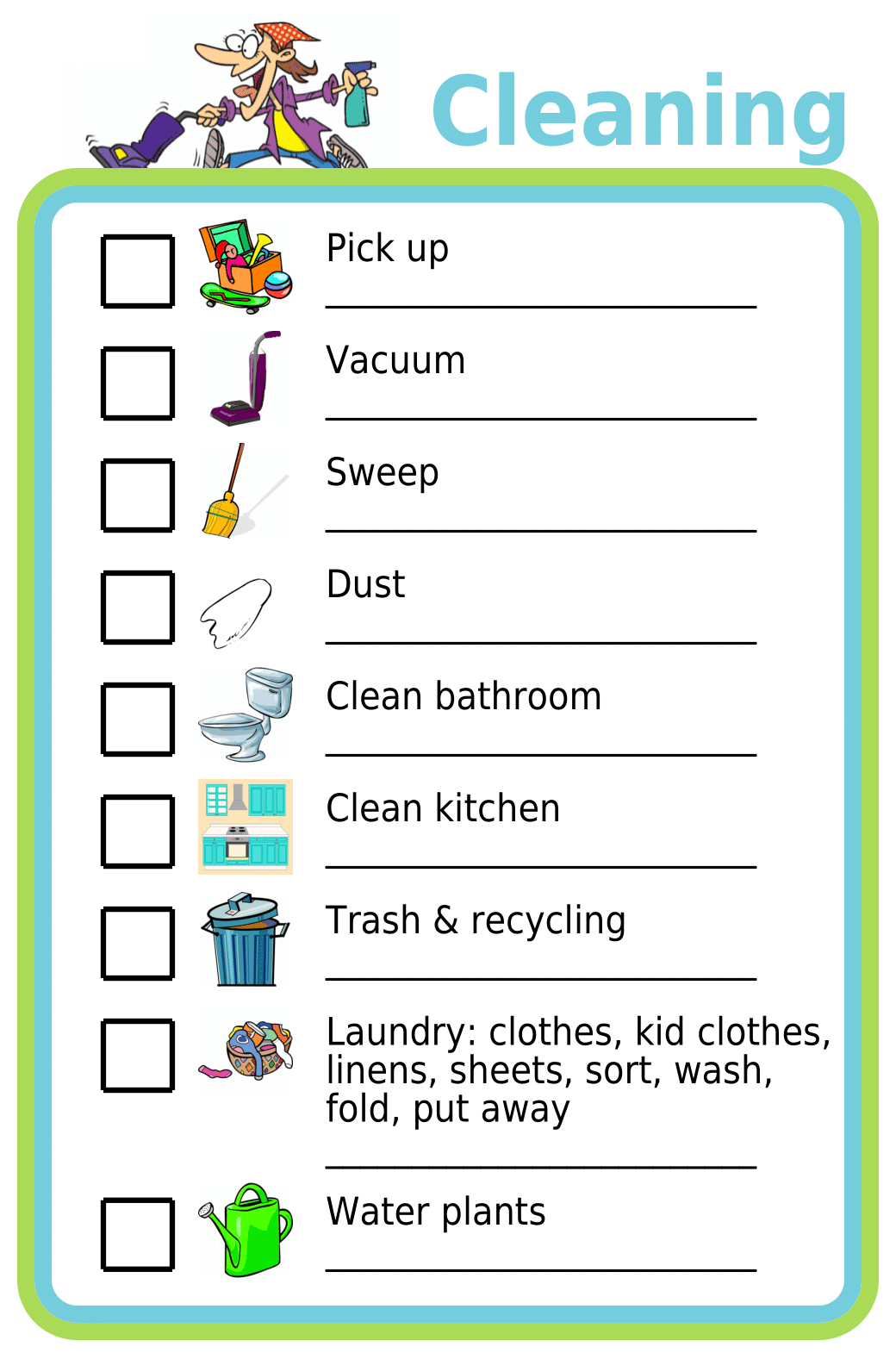 Editable worksheet showing 9 cleaning tasks: pick up, vacuum, sweep, dust, clean bathroom, clean kitchen, trash/recycling, laundry, plants