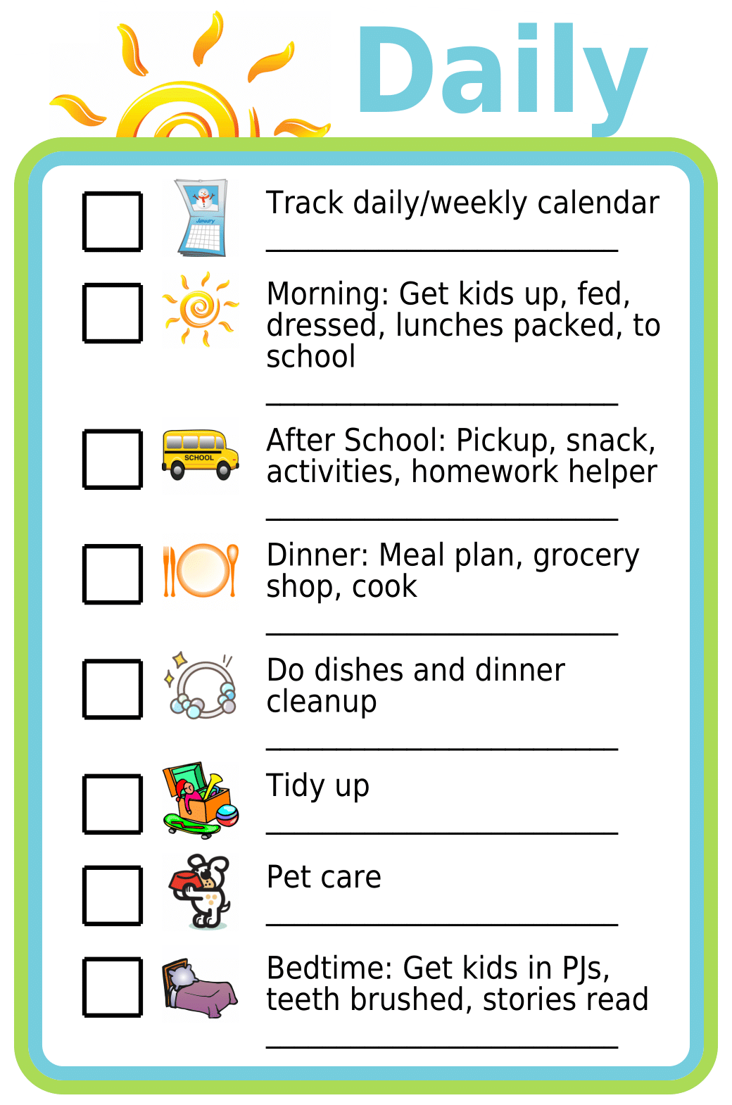 Editable worksheet showing 8 daily tasks: calendar, kids morning & bedtime, dinner, dishes, tidying, pet care