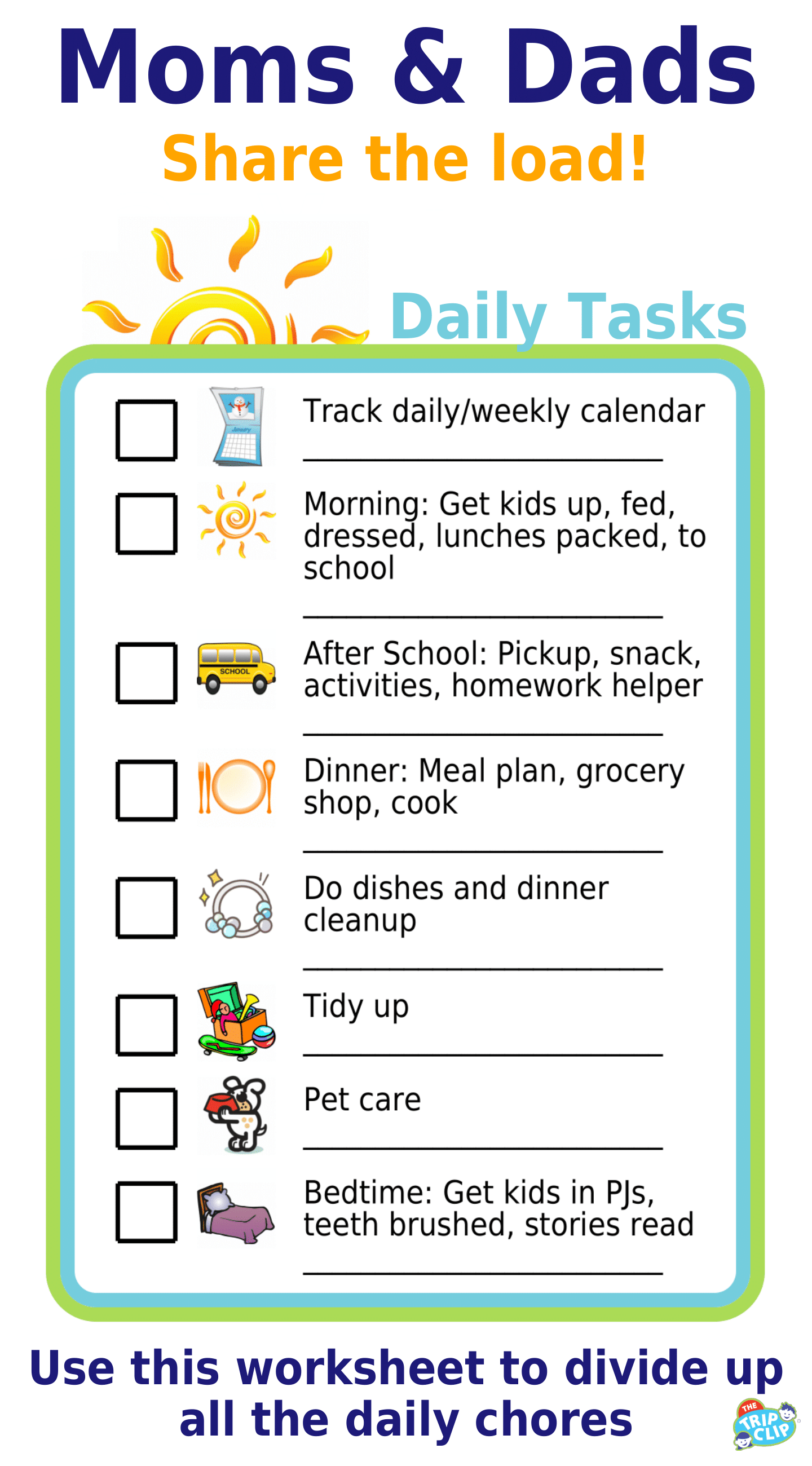 Editable worksheet showing 8 daily tasks: calendar, kids morning & bedtime, dinner, dishes, tidying, pet care