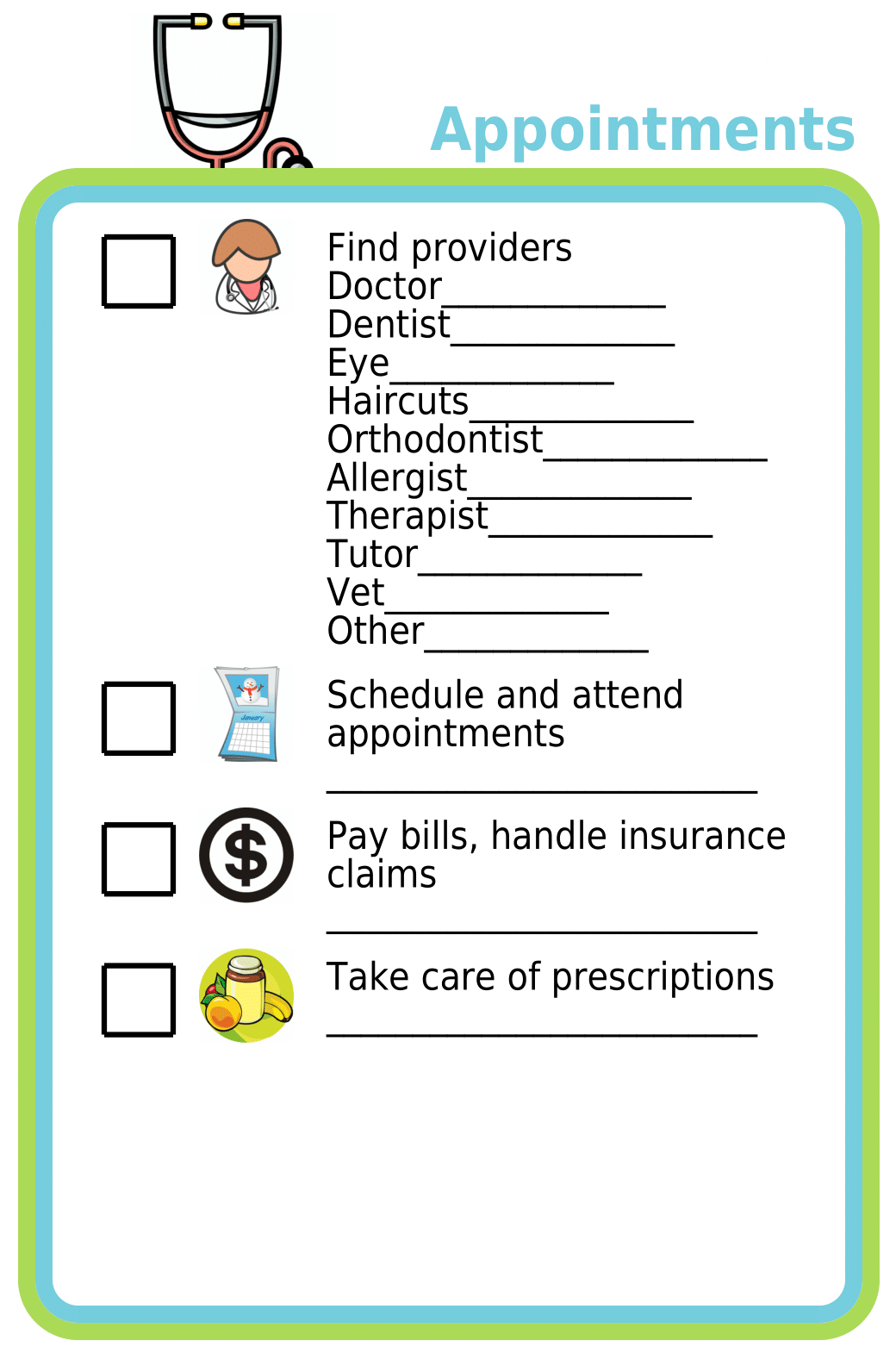 Editable worksheet enumerating all the work involved in kid dr, dentist, therapy, and hair appointments