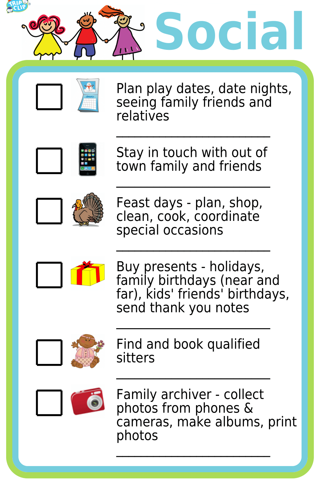 Editable worksheet showing 8 emotional labor tasks like handling holidays, planning social outings, and scrapbooking