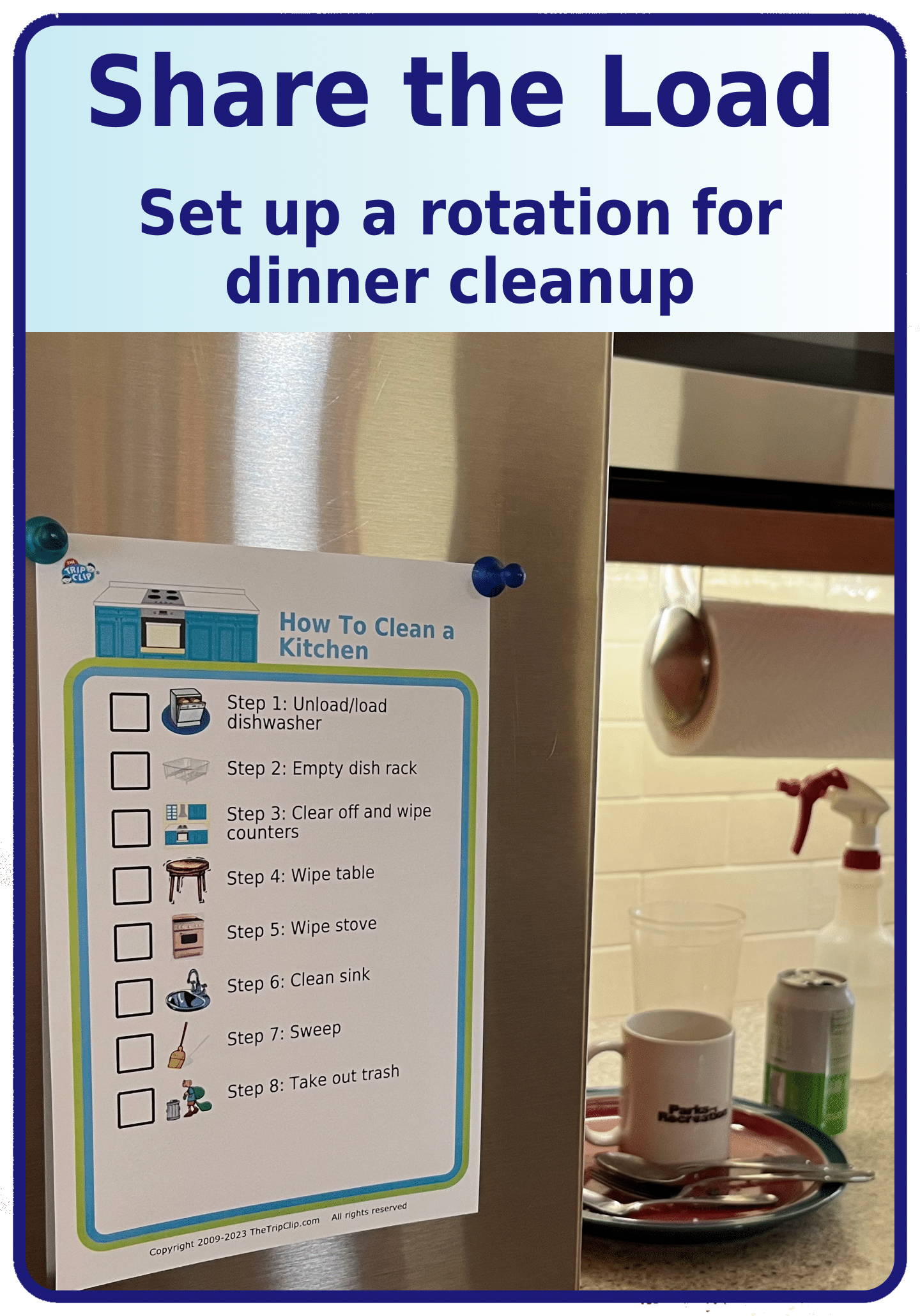 Checklist for 8 steps to clean the kitch taped to refrigerator