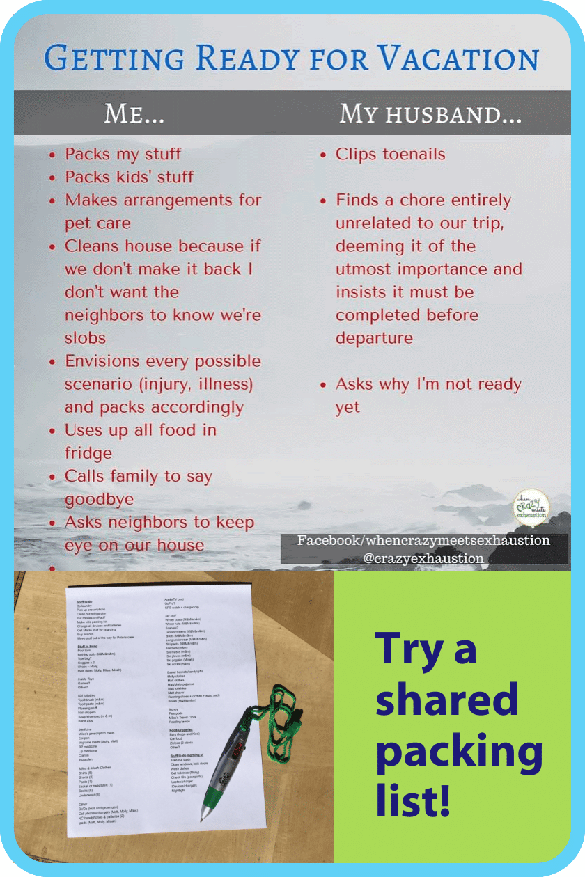 Packing checklists for moms vs dads
