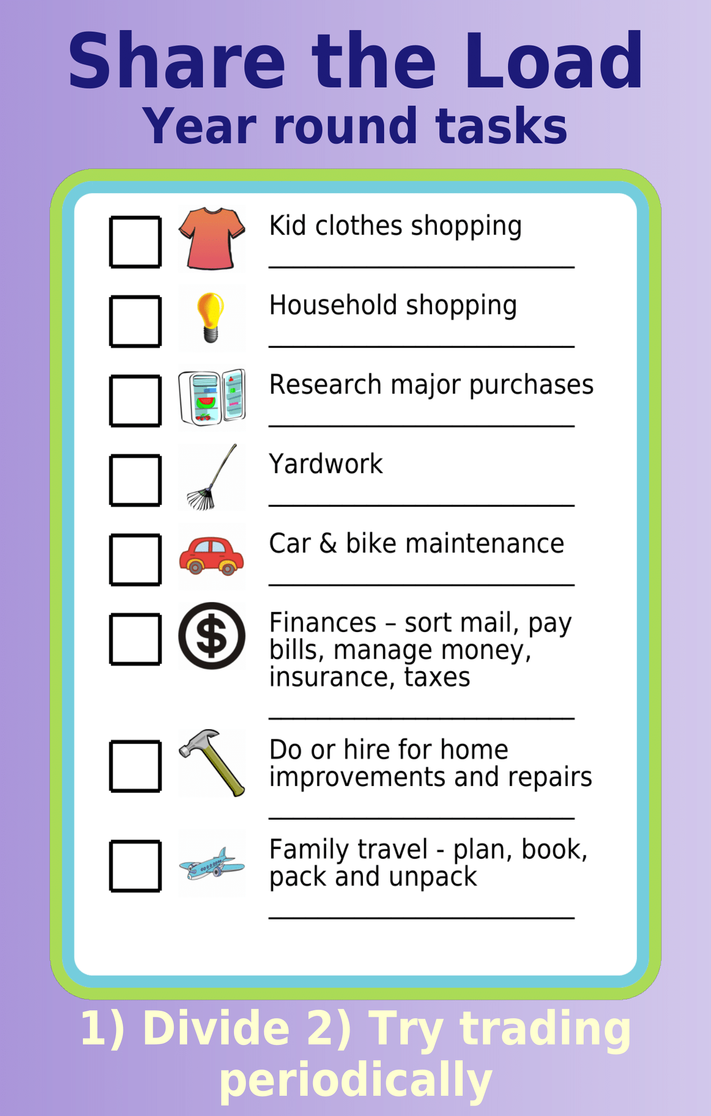 Editable worksheet showing 8 household tasks: clothes & household shopping, yard work, car maintenance, finances, repairs, travel planning