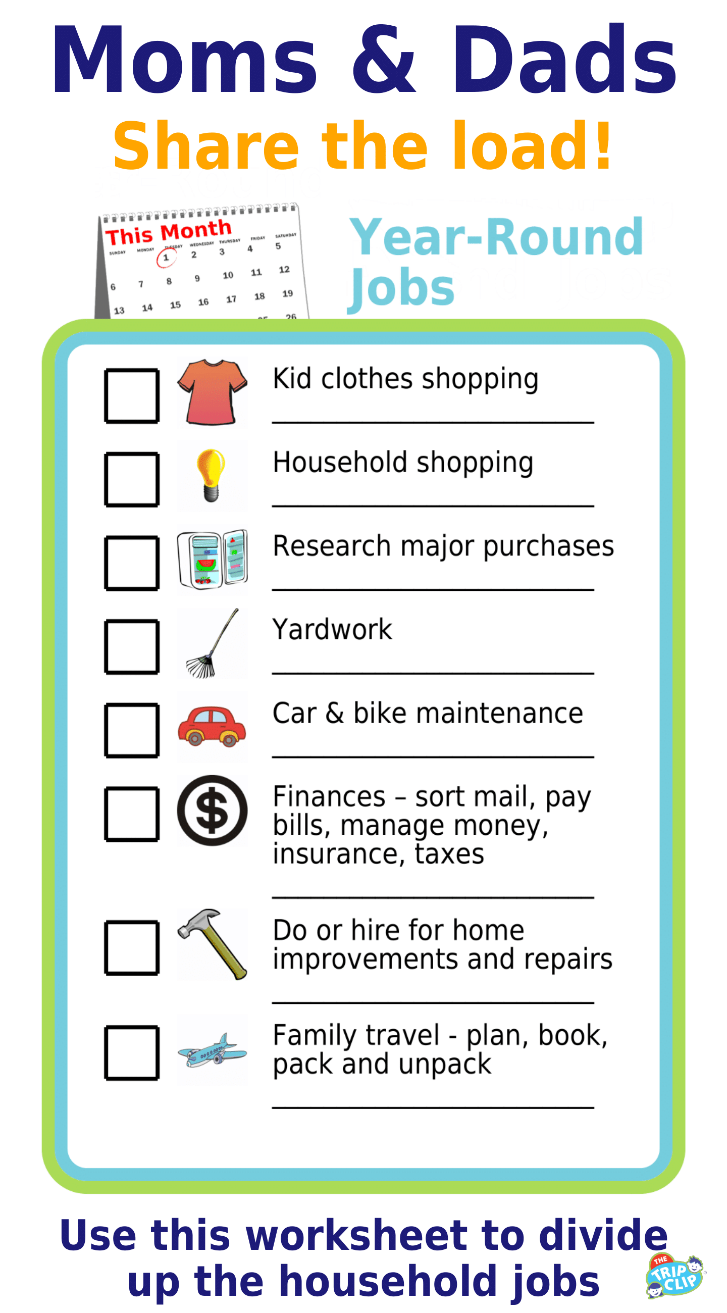 Editable worksheet showing 8 household tasks: clothes & household shopping, yard work, car maintenance, finances, repairs, travel planning