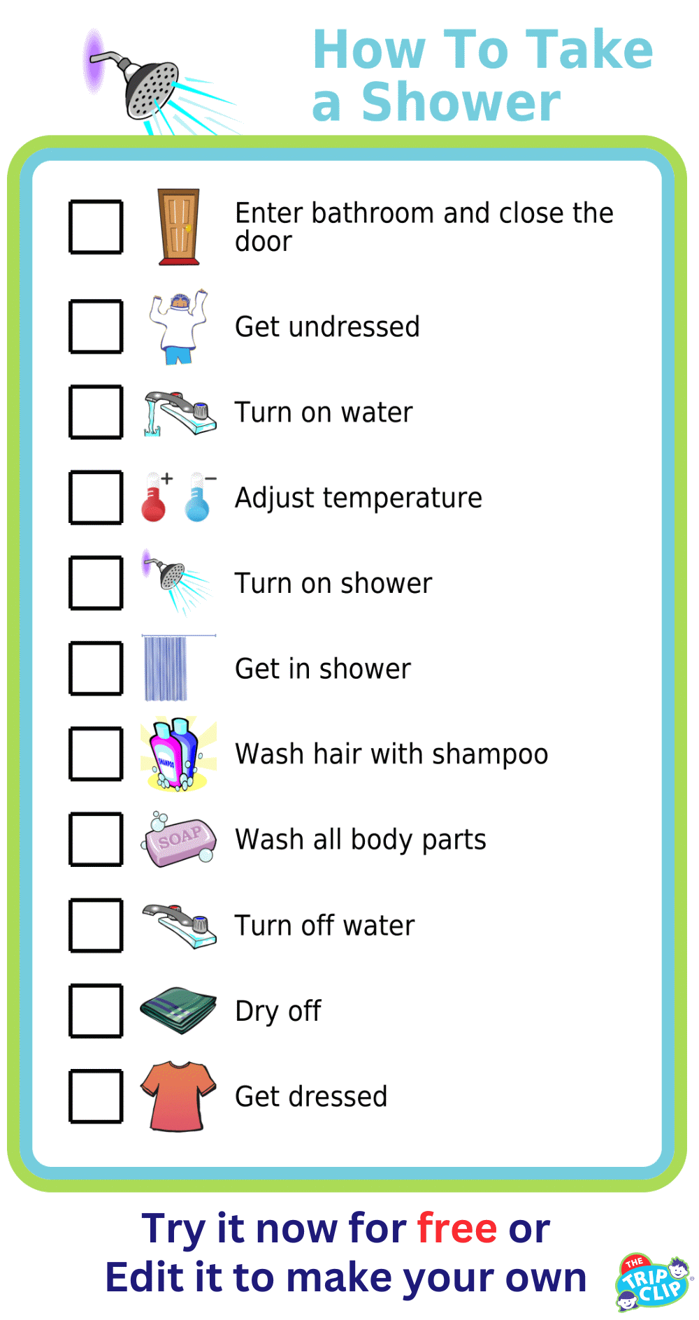 Picture checklist showing the steps for how to take a shower