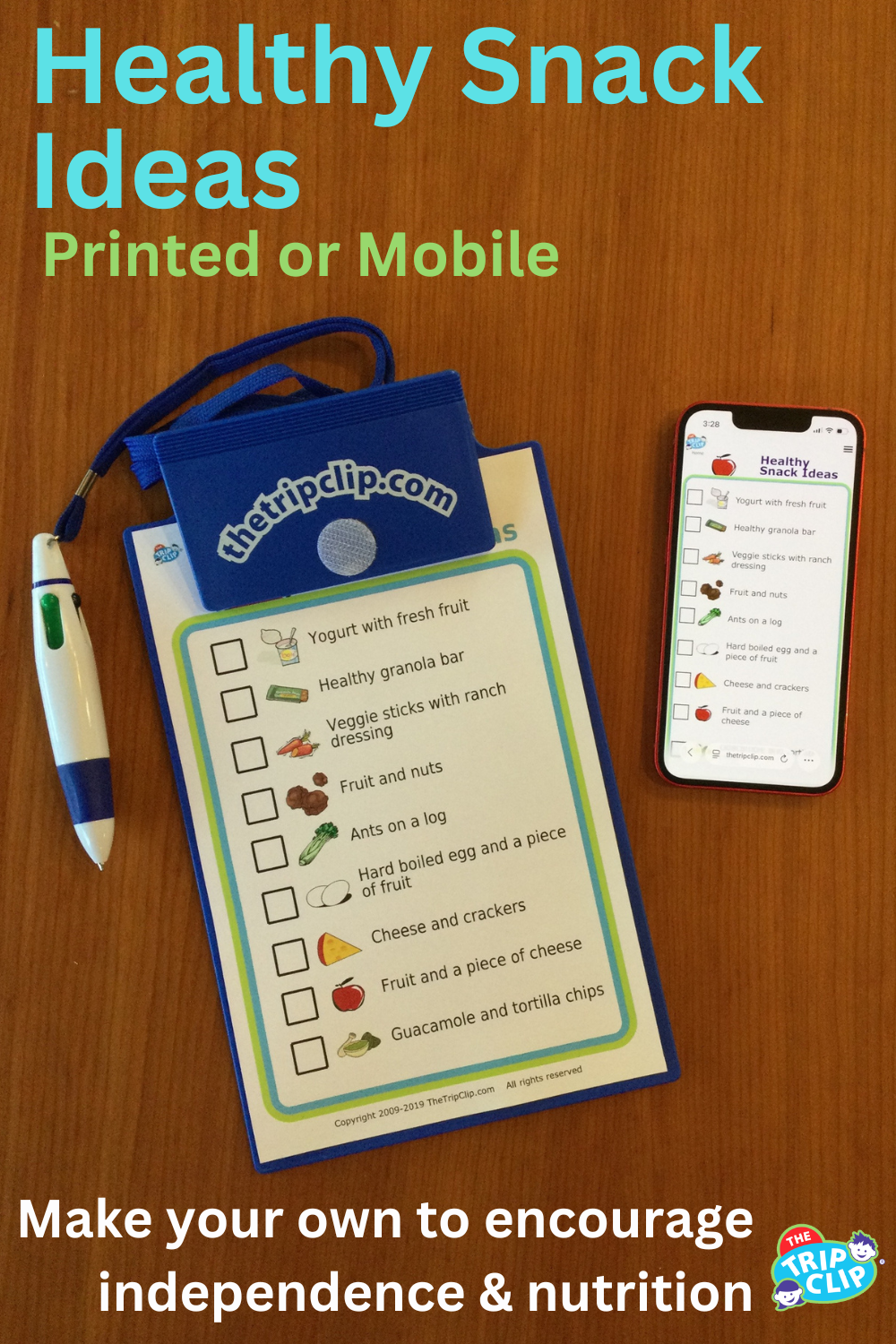 Picture checklist with healthy snack ideas for kids, shown on clipboard and iPhone