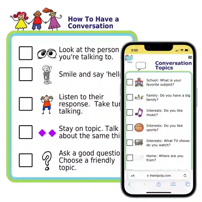 Picture checklist show the steps for having a conversation and acceptable topic ideas
