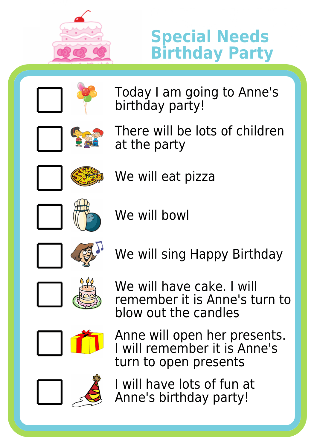 Picture checklist for special needs birthday party social story