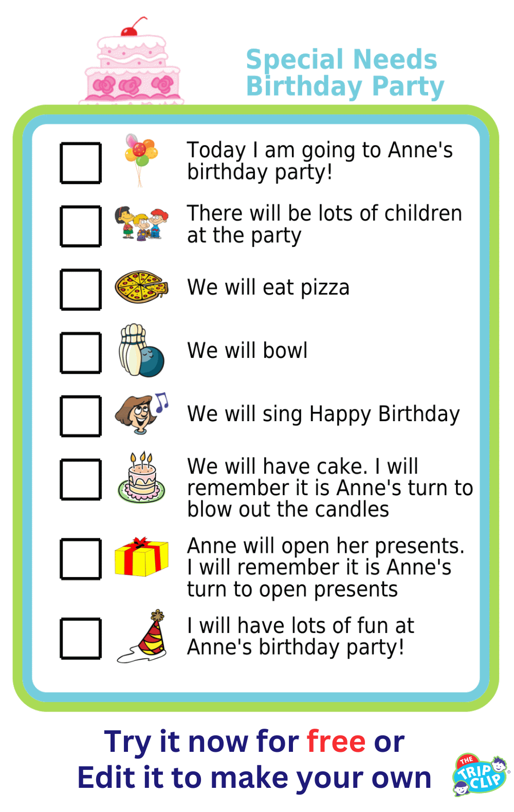 Picture checklist for special needs birthday party social story