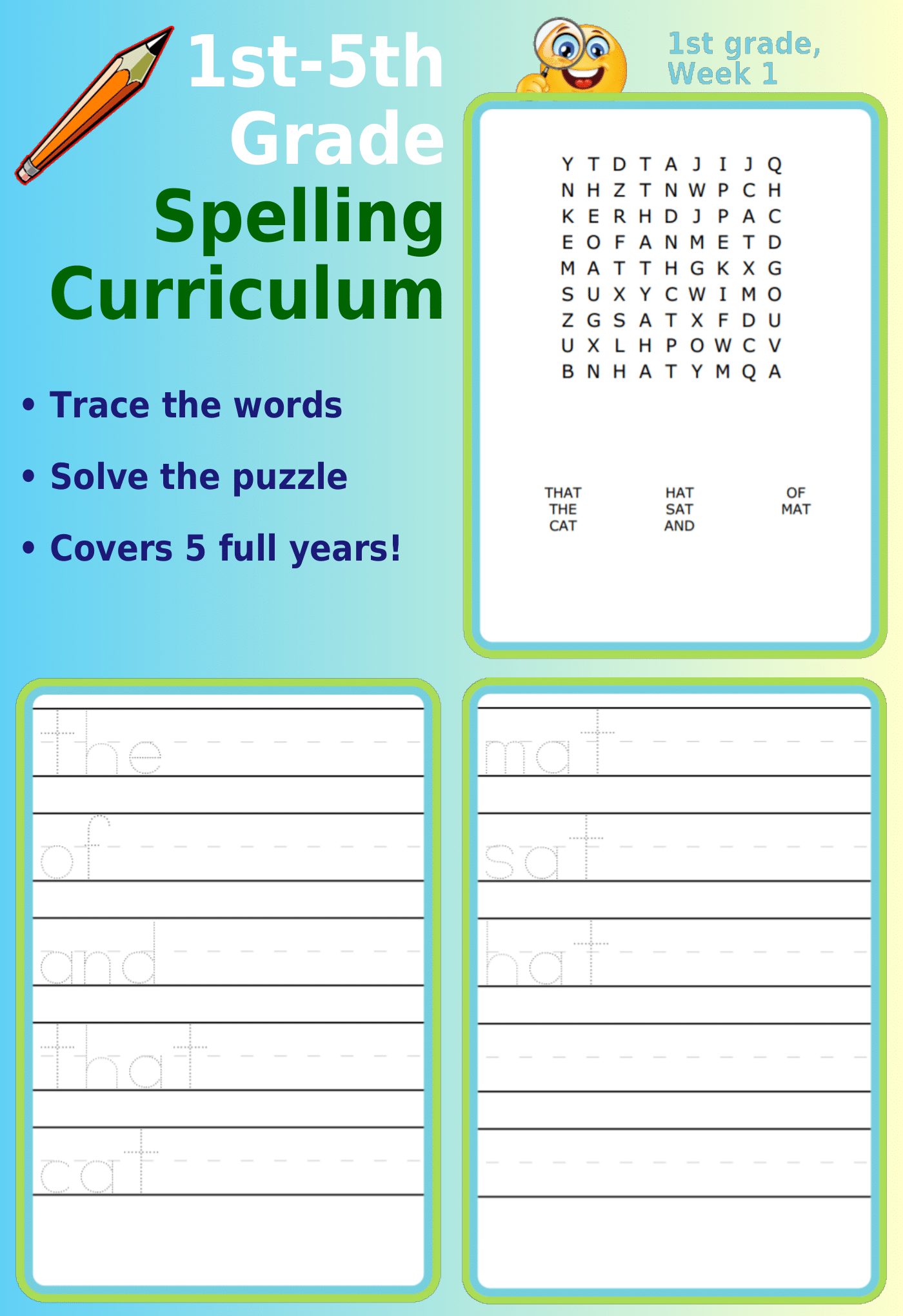 1st-5th Grade Spelling Curriculum: Word search and letter tracing