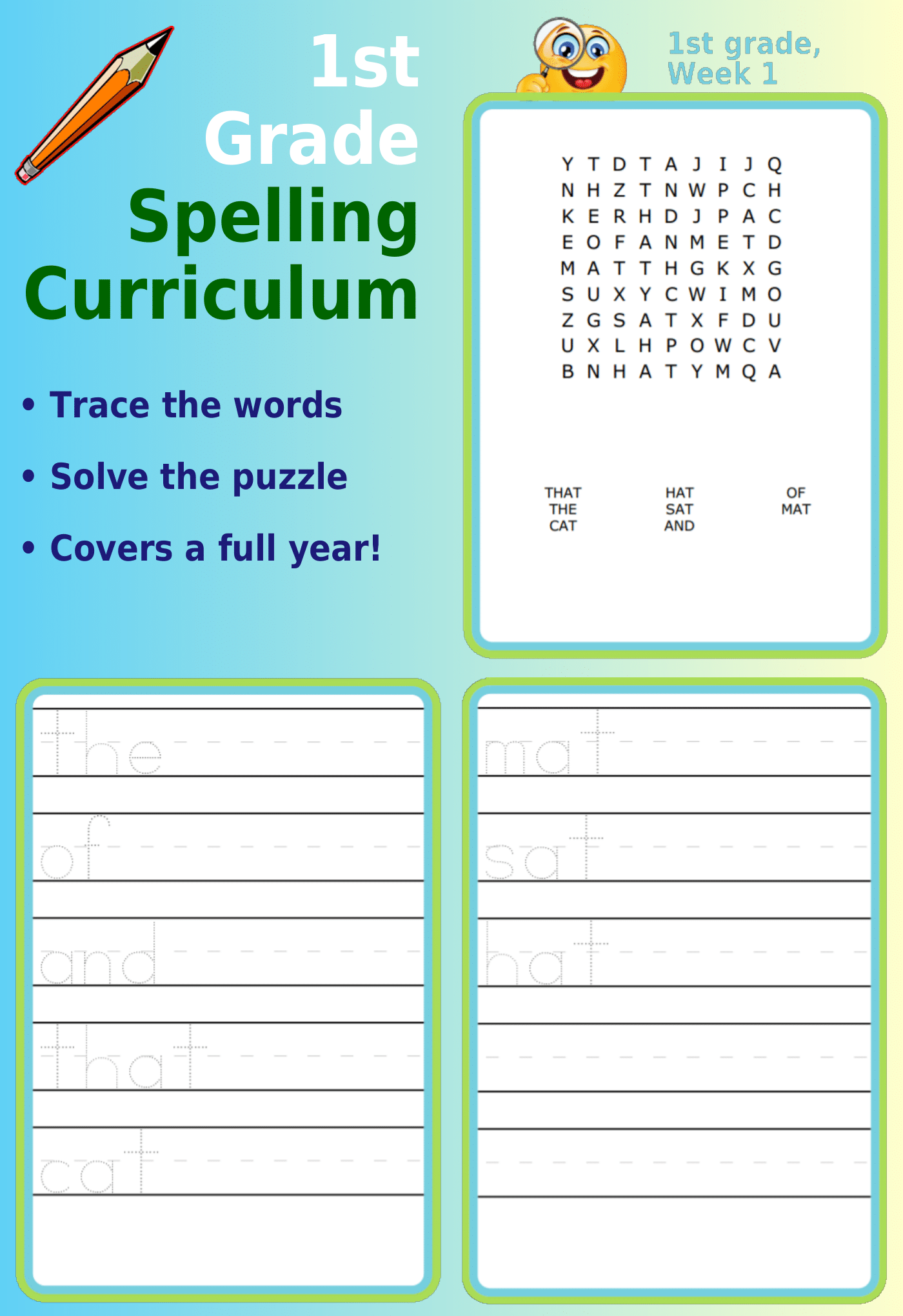 1st Grade Spelling Curriculum: Word search and letter tracing