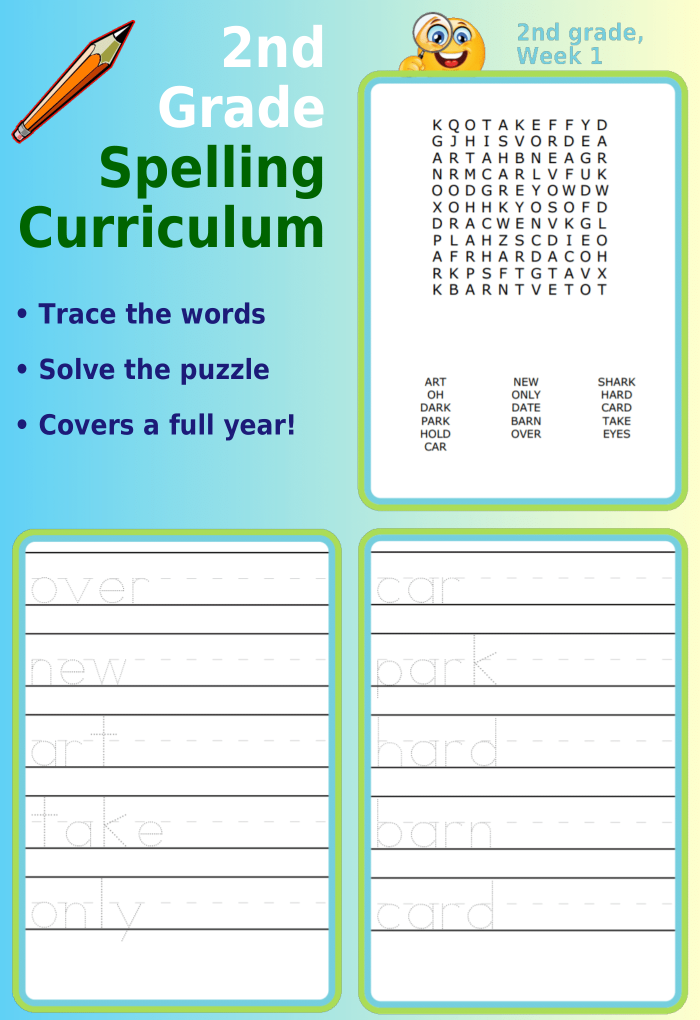 2nd Grade Spelling Curriculum: Word search and letter tracing