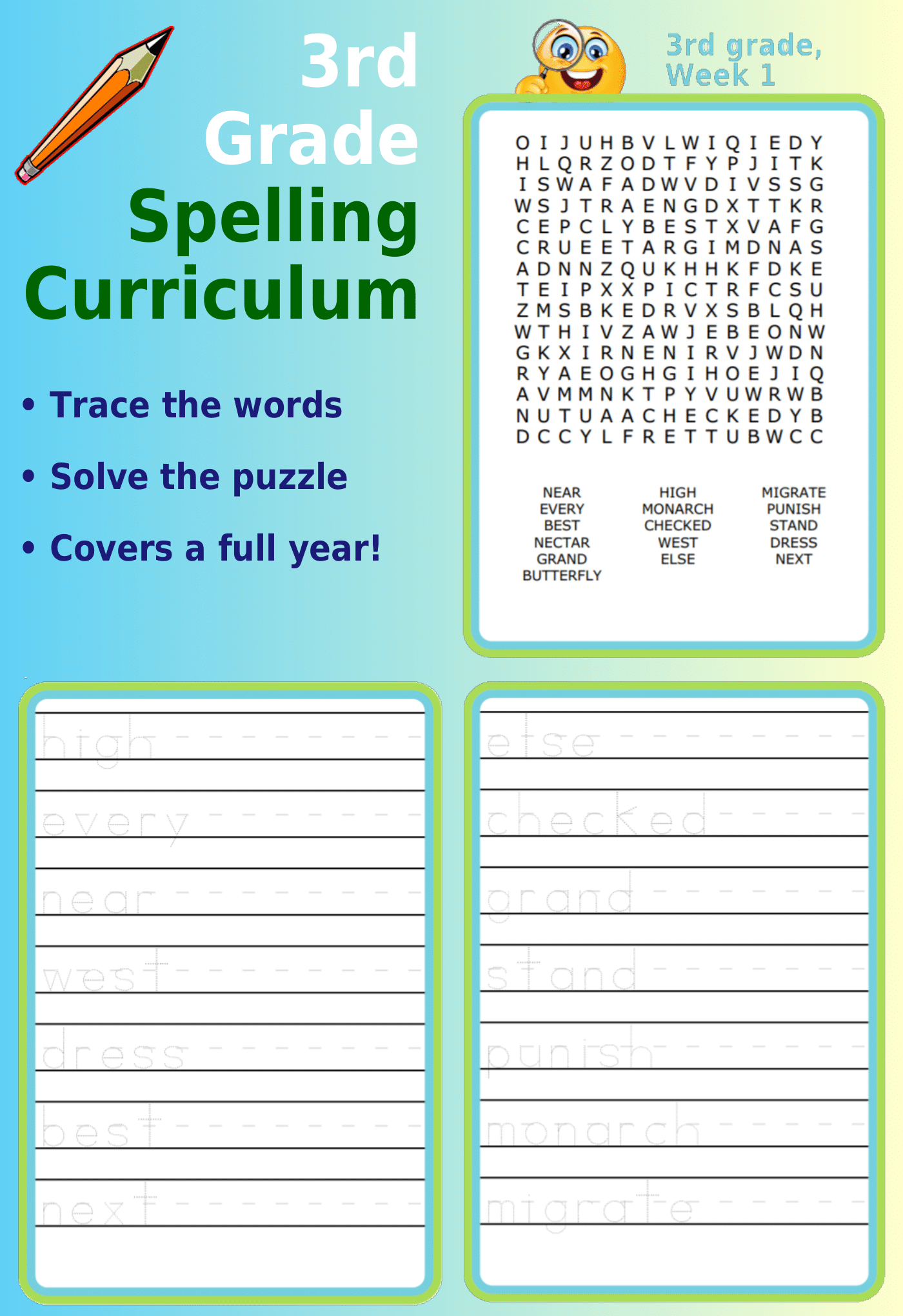 3rd Grade Spelling Curriculum: Word search and letter tracing