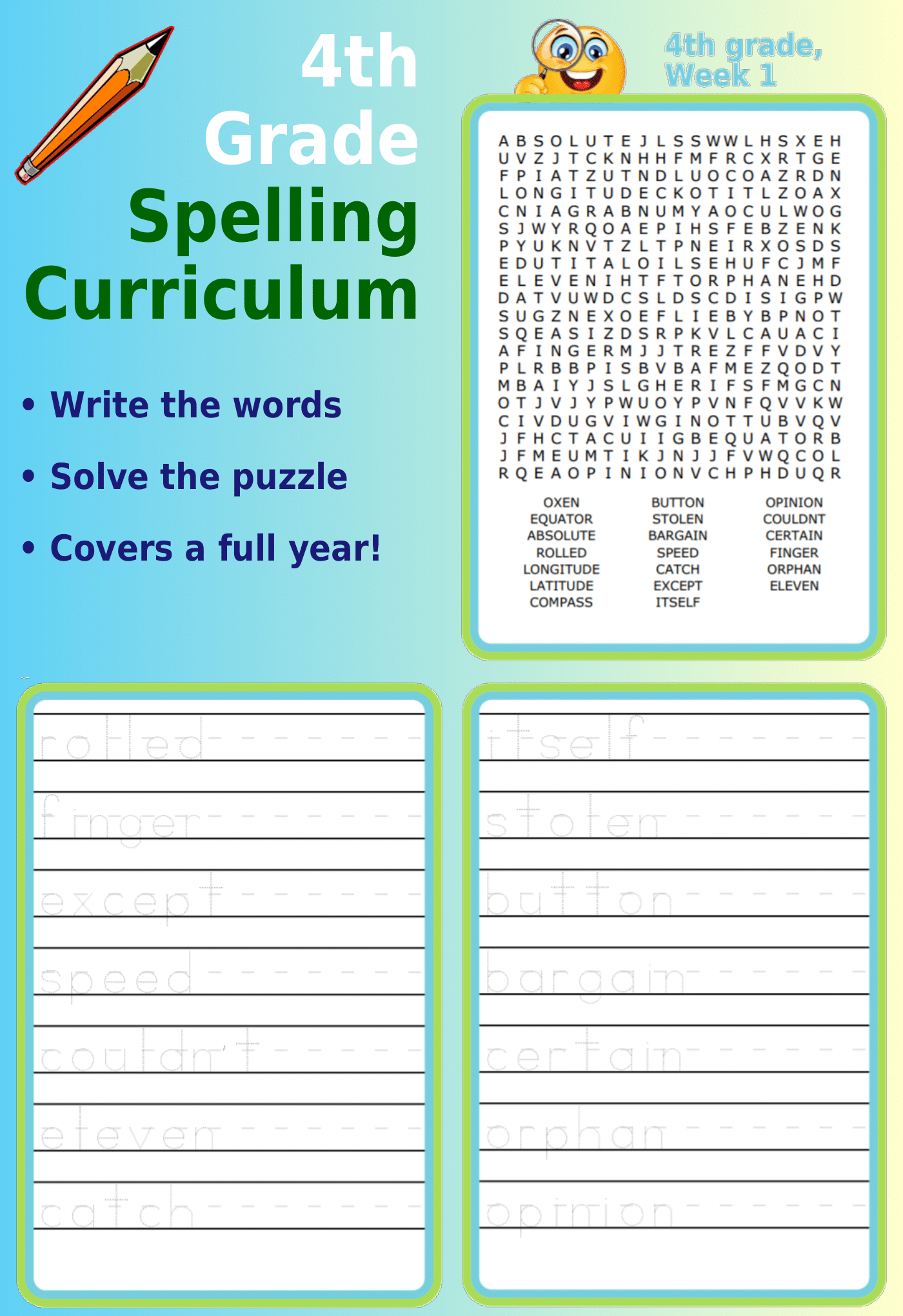 4th Grade Spelling Curriculum: Word search and letter tracing