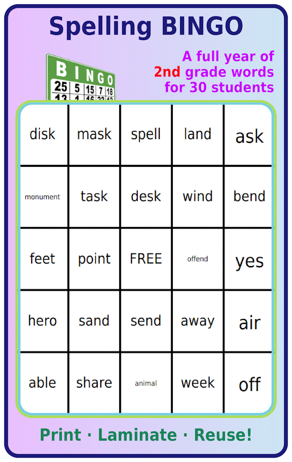 Bingo board with 2nd grade spelling words