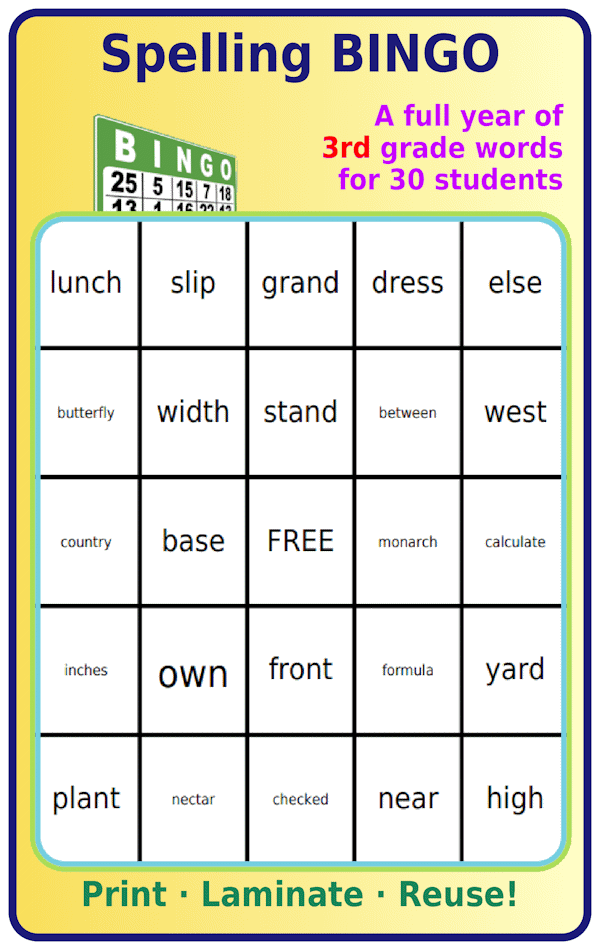 Bingo board with 3rd grade spelling words