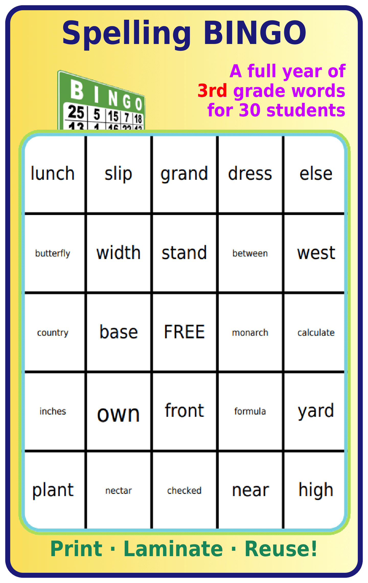 Bingo board with 3rd grade spelling words