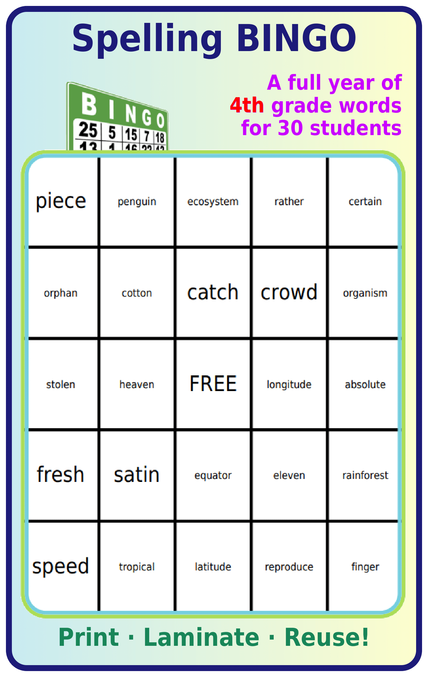 Bingo board with 4th grade spelling words