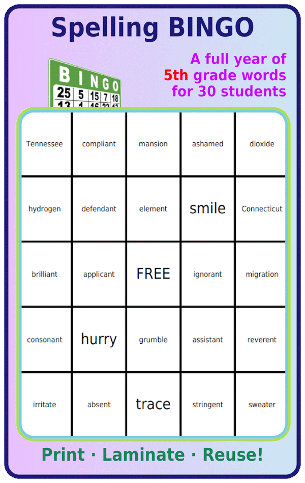 Bingo board with 5th grade spelling words