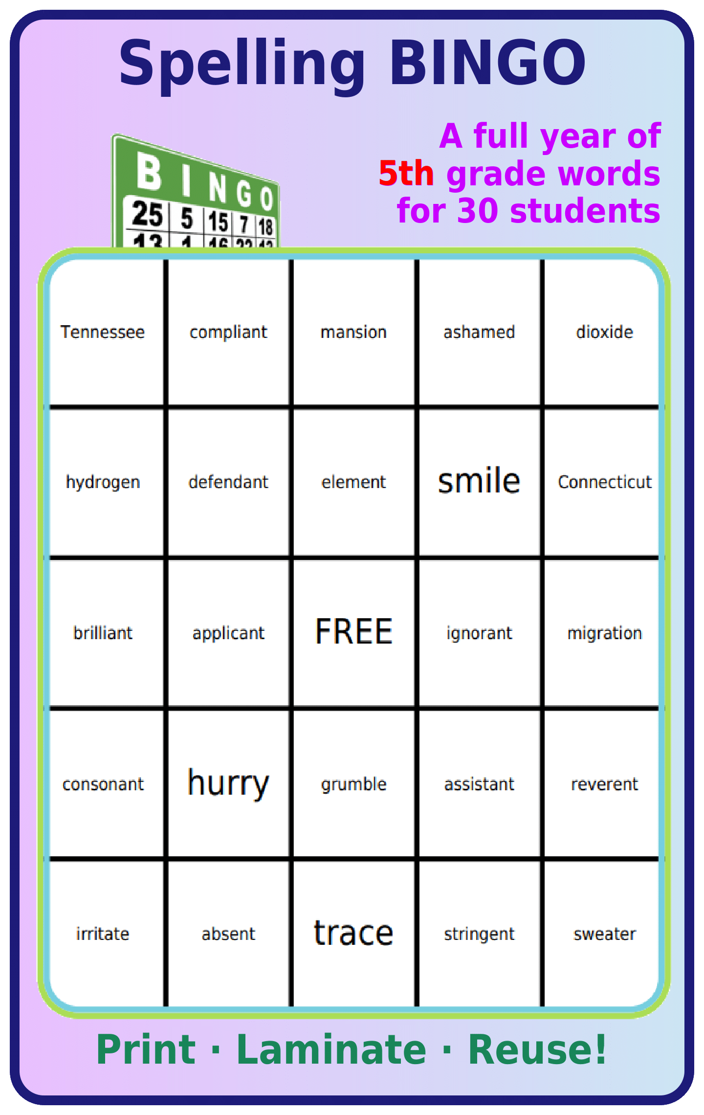 Bingo board with 5th grade spelling words