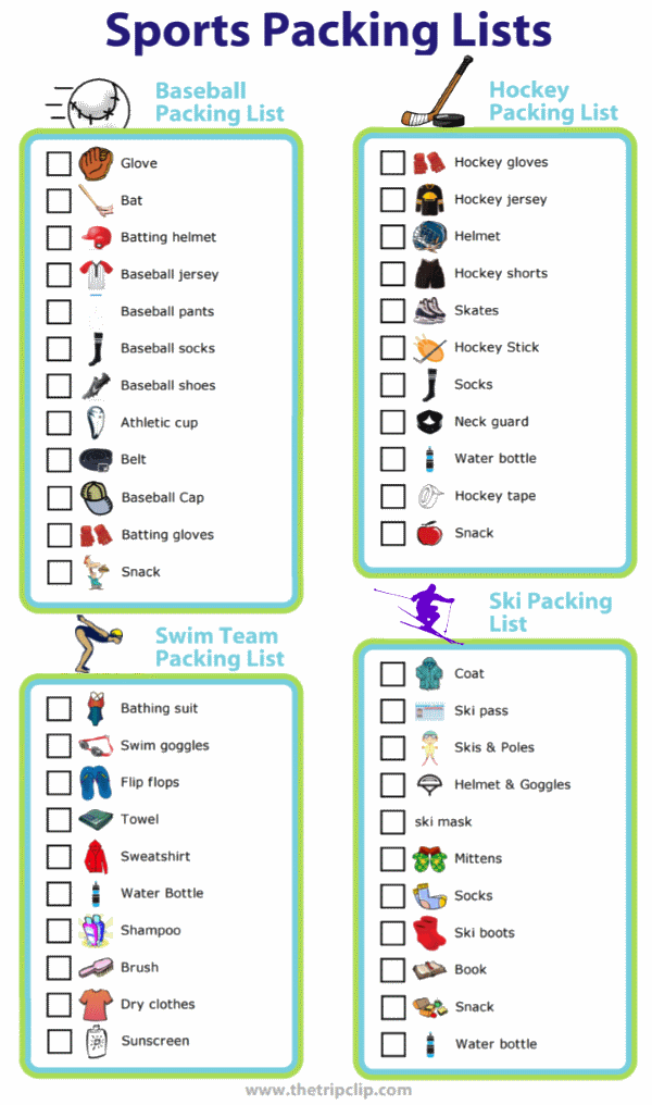 Picture checklists for making baseball, hockey, swim team, or ski packing lists