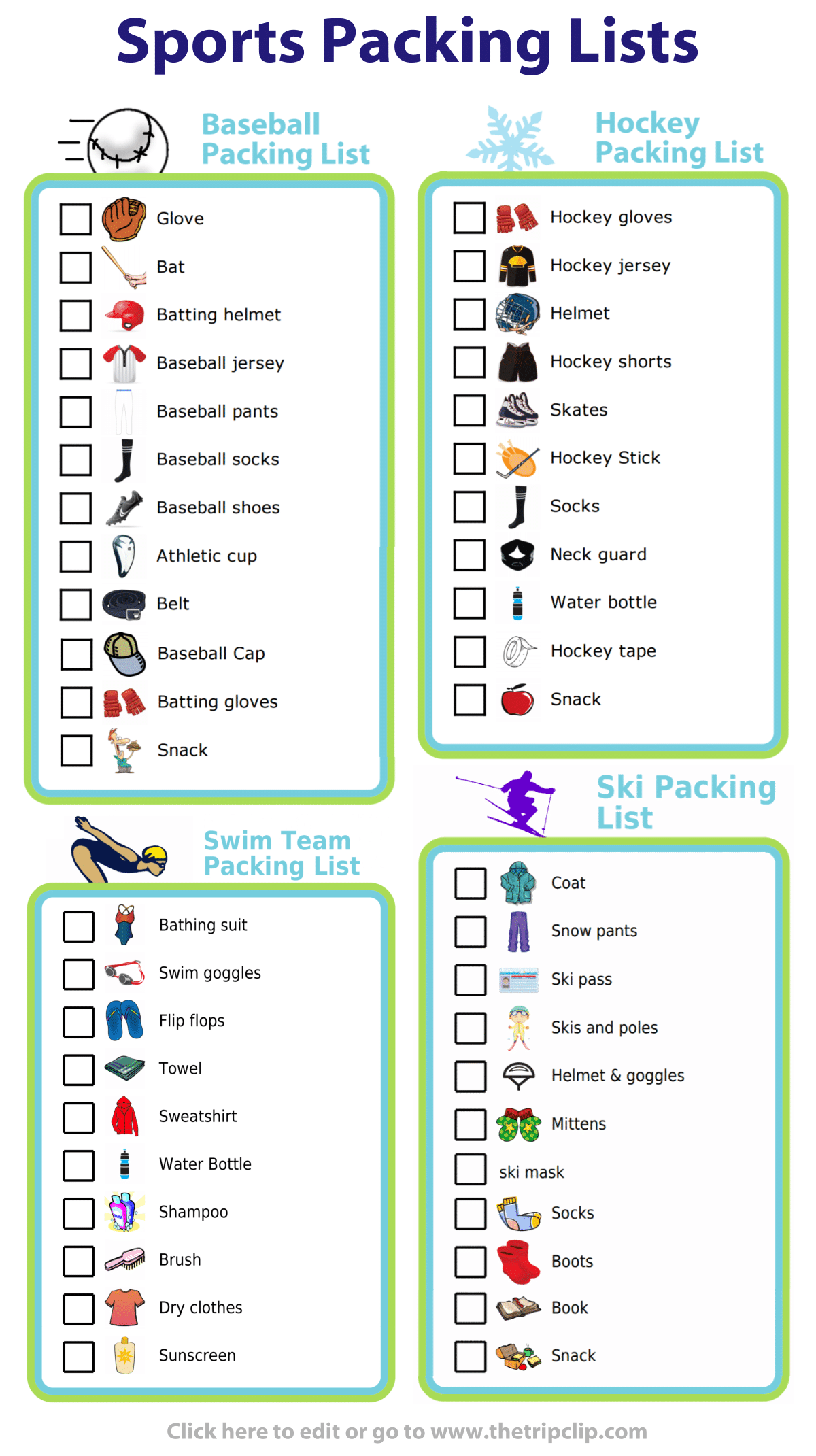 Picture checklists for making baseball, hockey, swim team, or ski packing lists