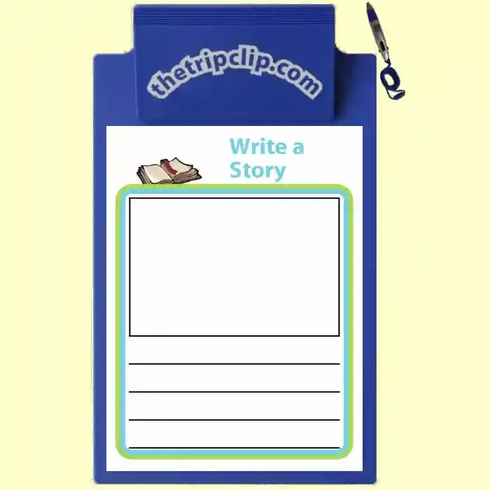 Printable story activity on a kid-sized clipboard with attached pen