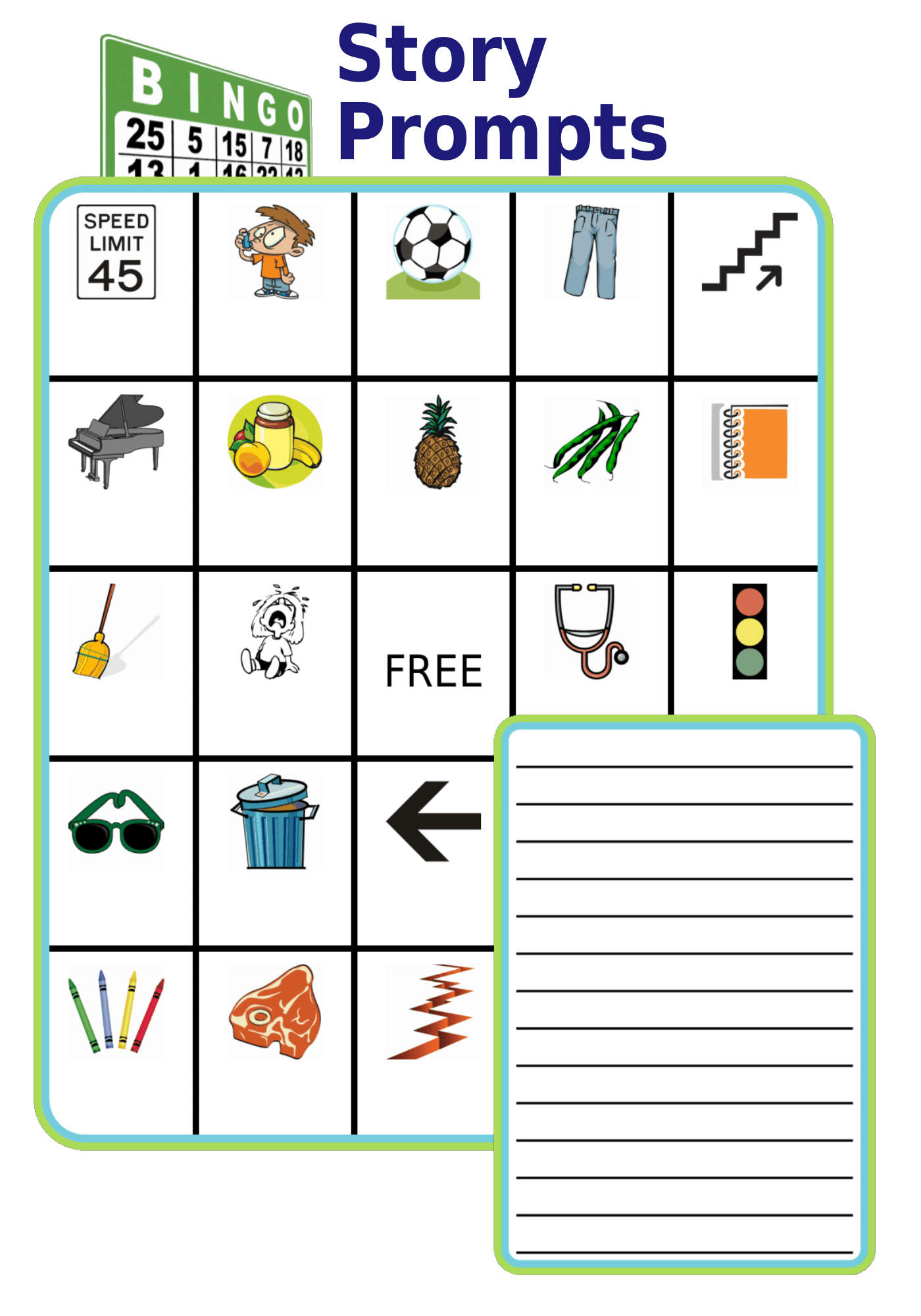 Bingo BOARD with pictures and a lined story template