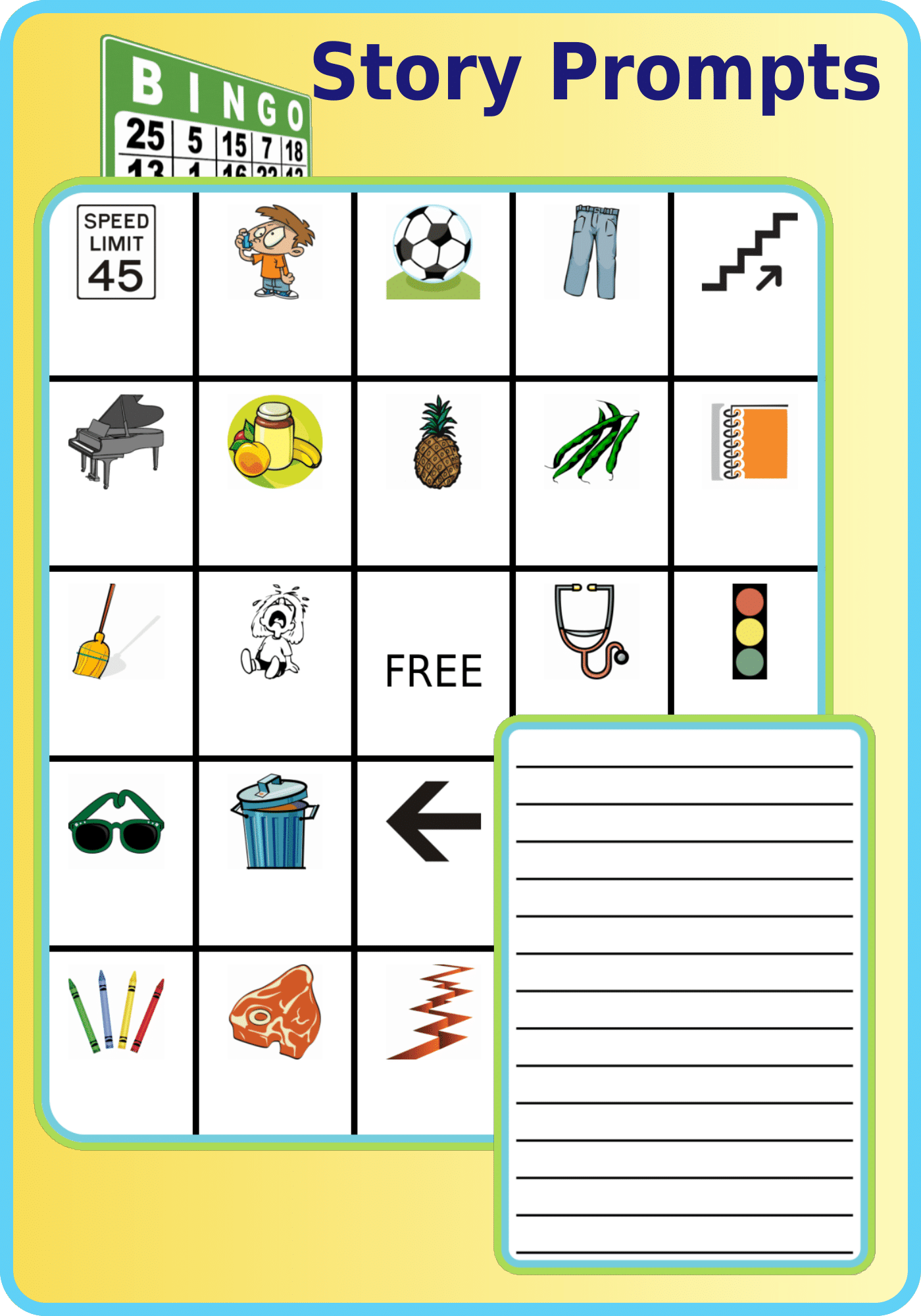 Bingo BOARD with pictures and a lined story template