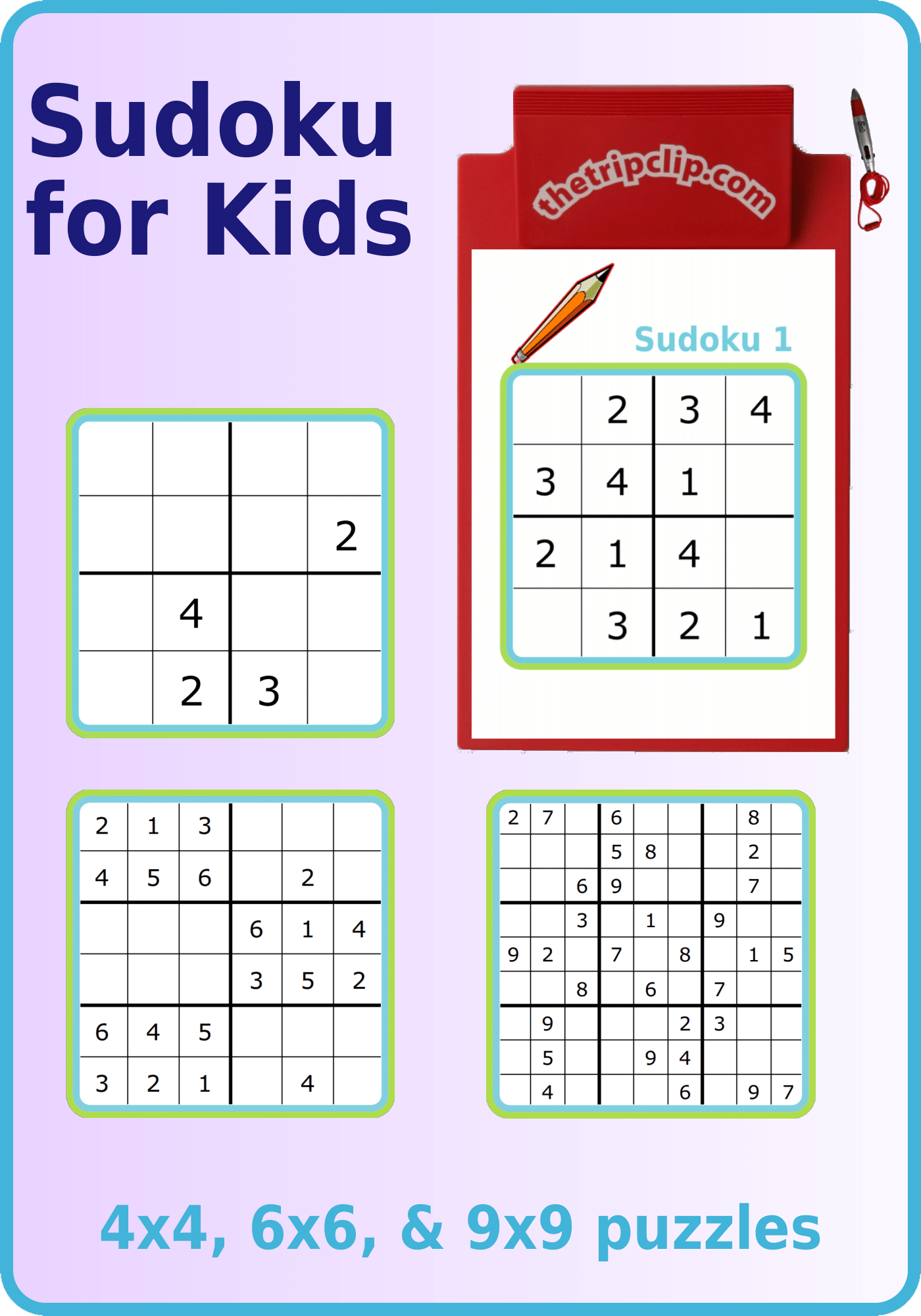 Four sudoku puzzles, 4x4, 6x6, 9x9, one on a kid-sized clipboards