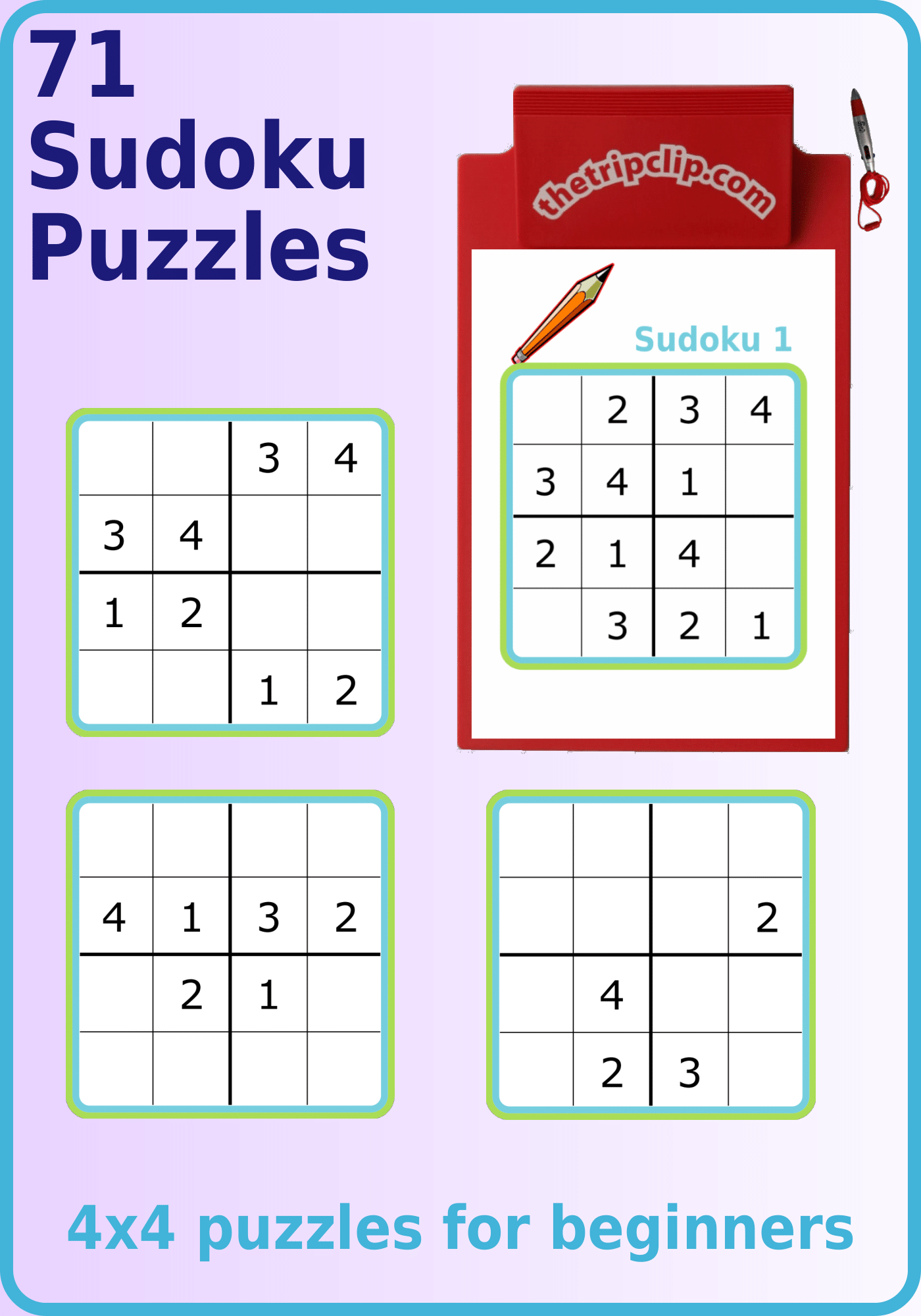 Four 4x4 sudoku puzzles, one on a kid-sized clipboards