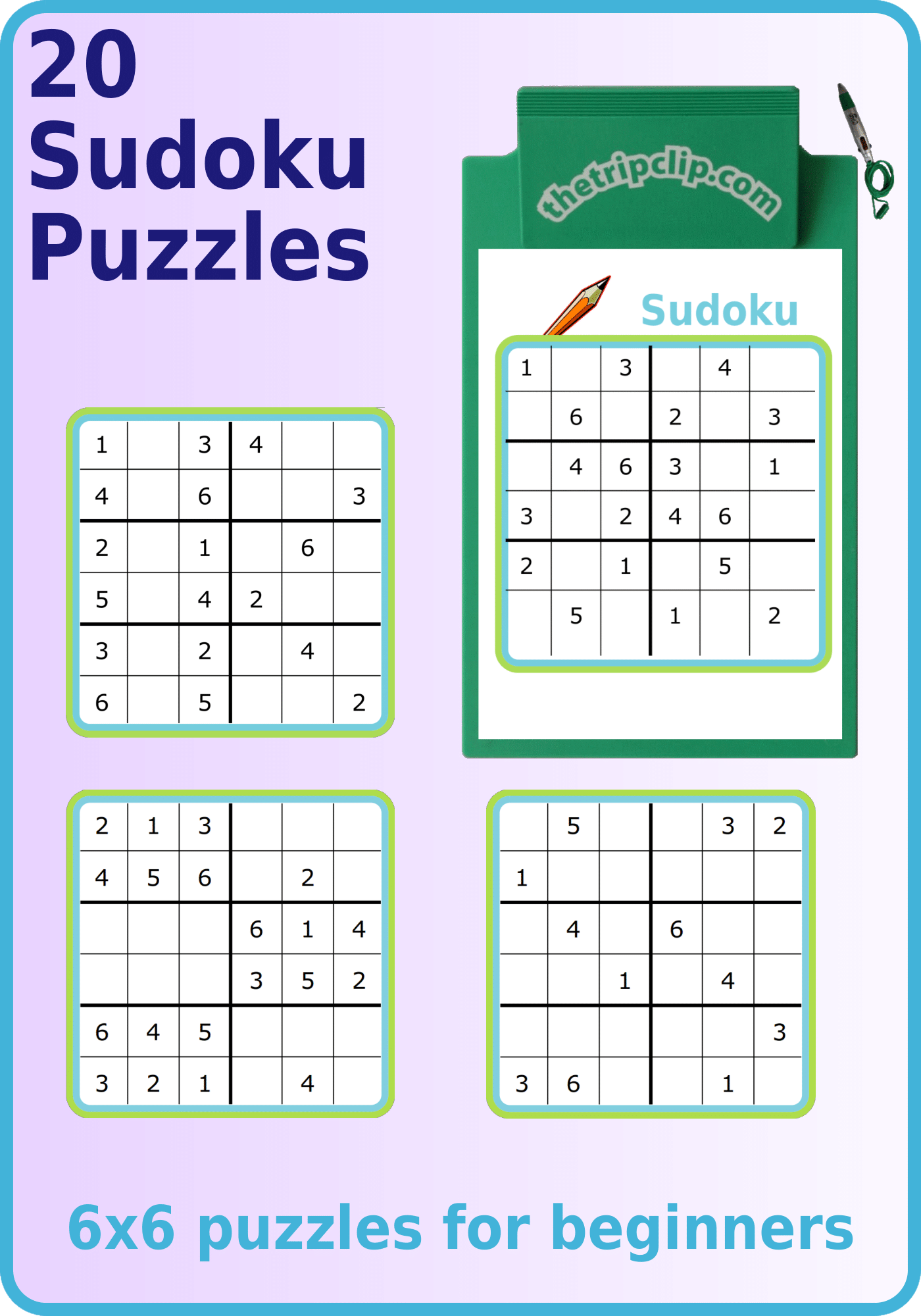 Four 6x6 sudoku puzzles, one on a kid-sized clipboards