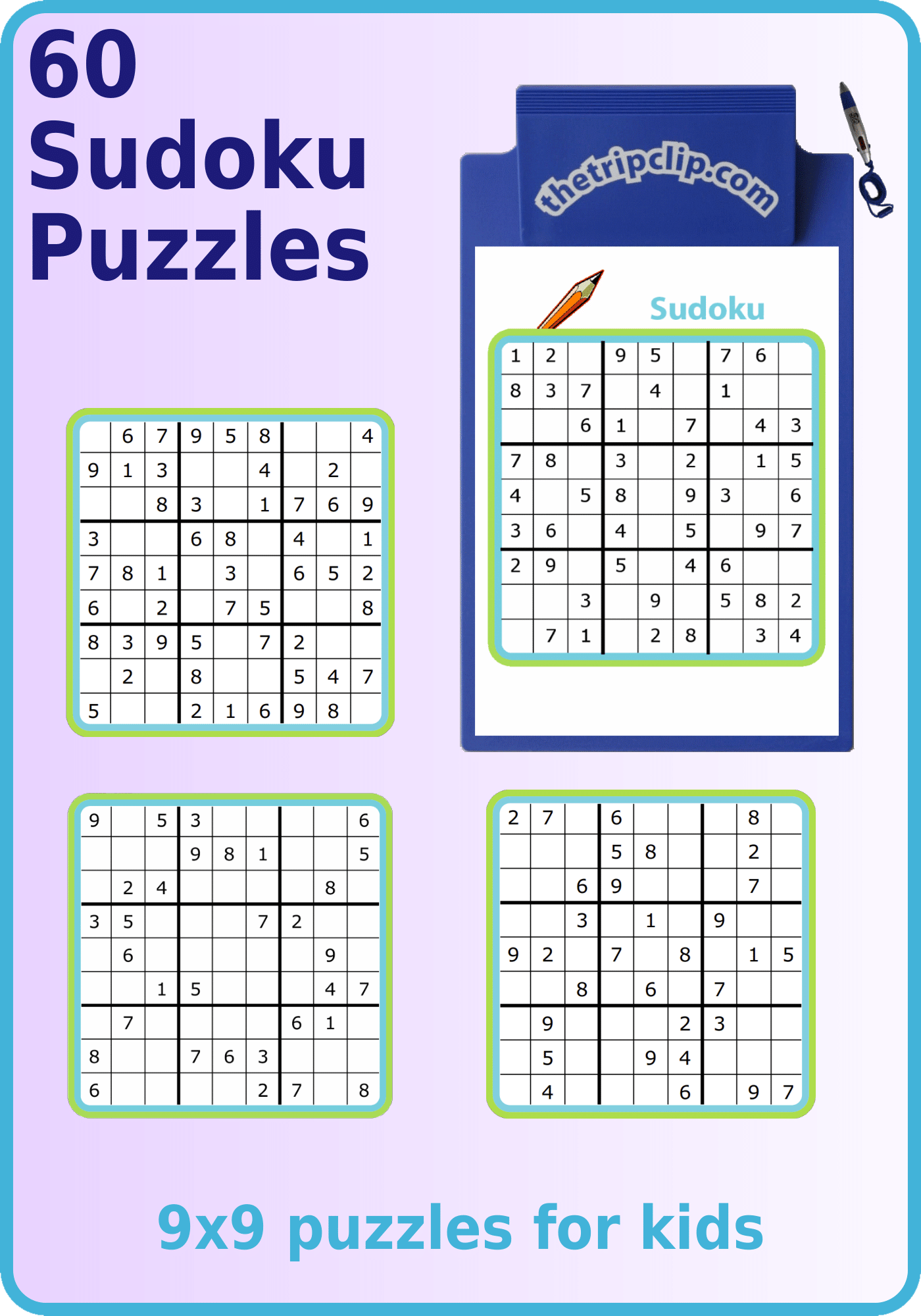 Four 9x9 sudoku puzzles, one on a kid-sized clipboards