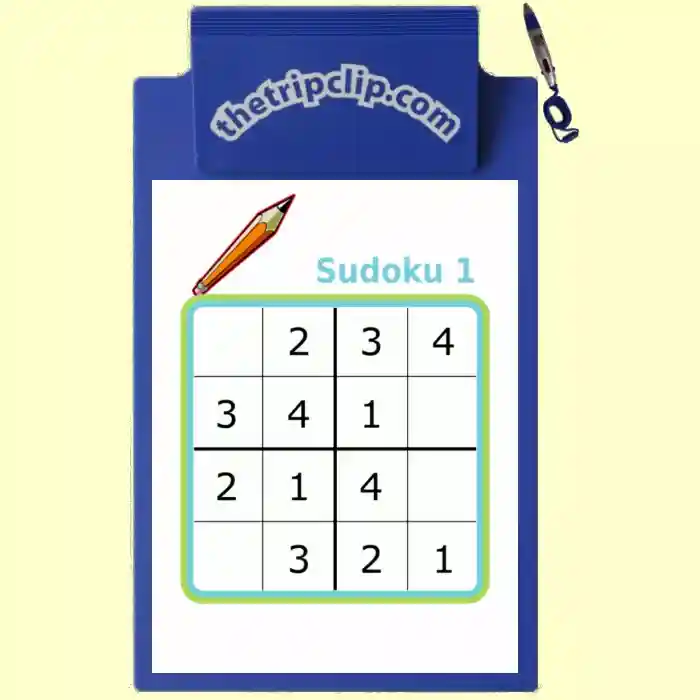 Printable sudoku activity on a kid-sized clipboard with attached pen